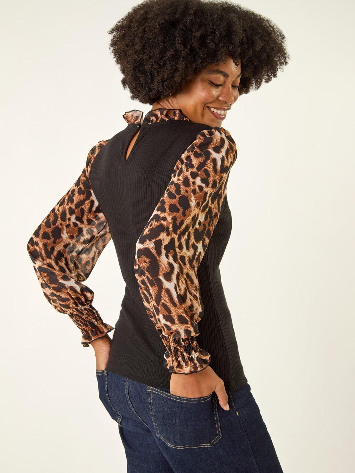 Image 3 of 5 of Roman Animal Print Sleeve Stretch Top - Black