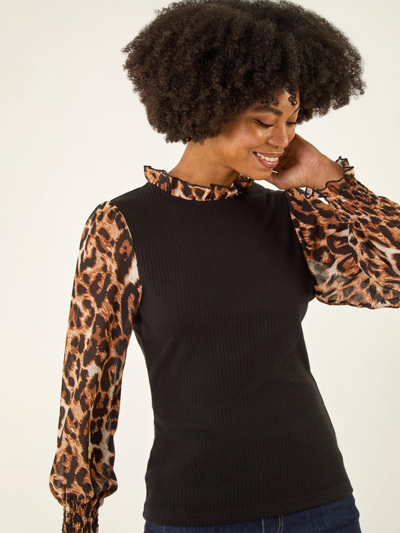 Image 4 of 5 of Roman Animal Print Sleeve Stretch Top - Black