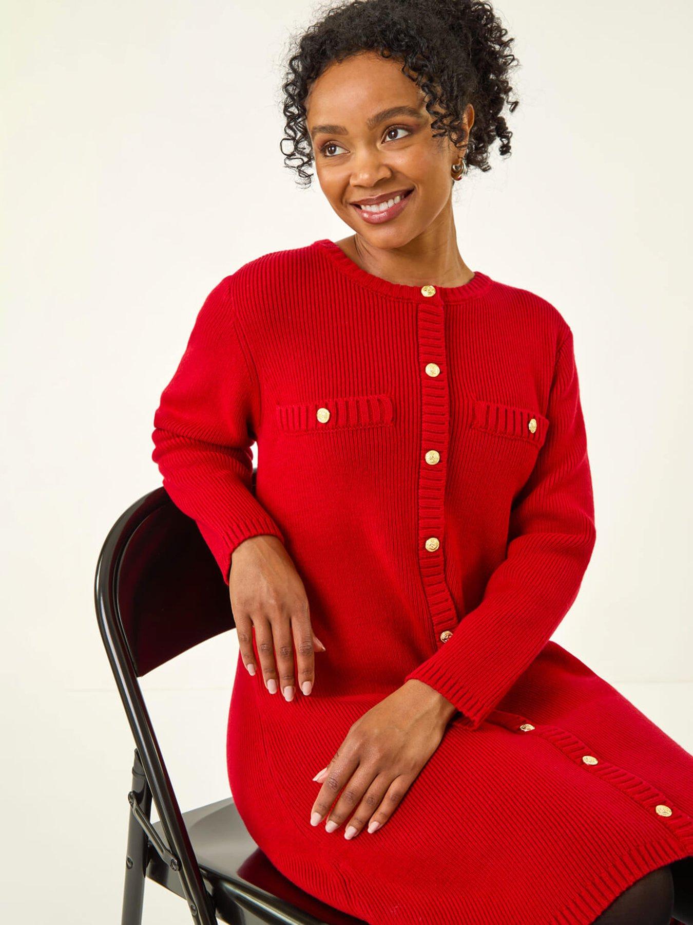 Image 4 of 5 of Roman Petite Button Detail Knit Dress - Red