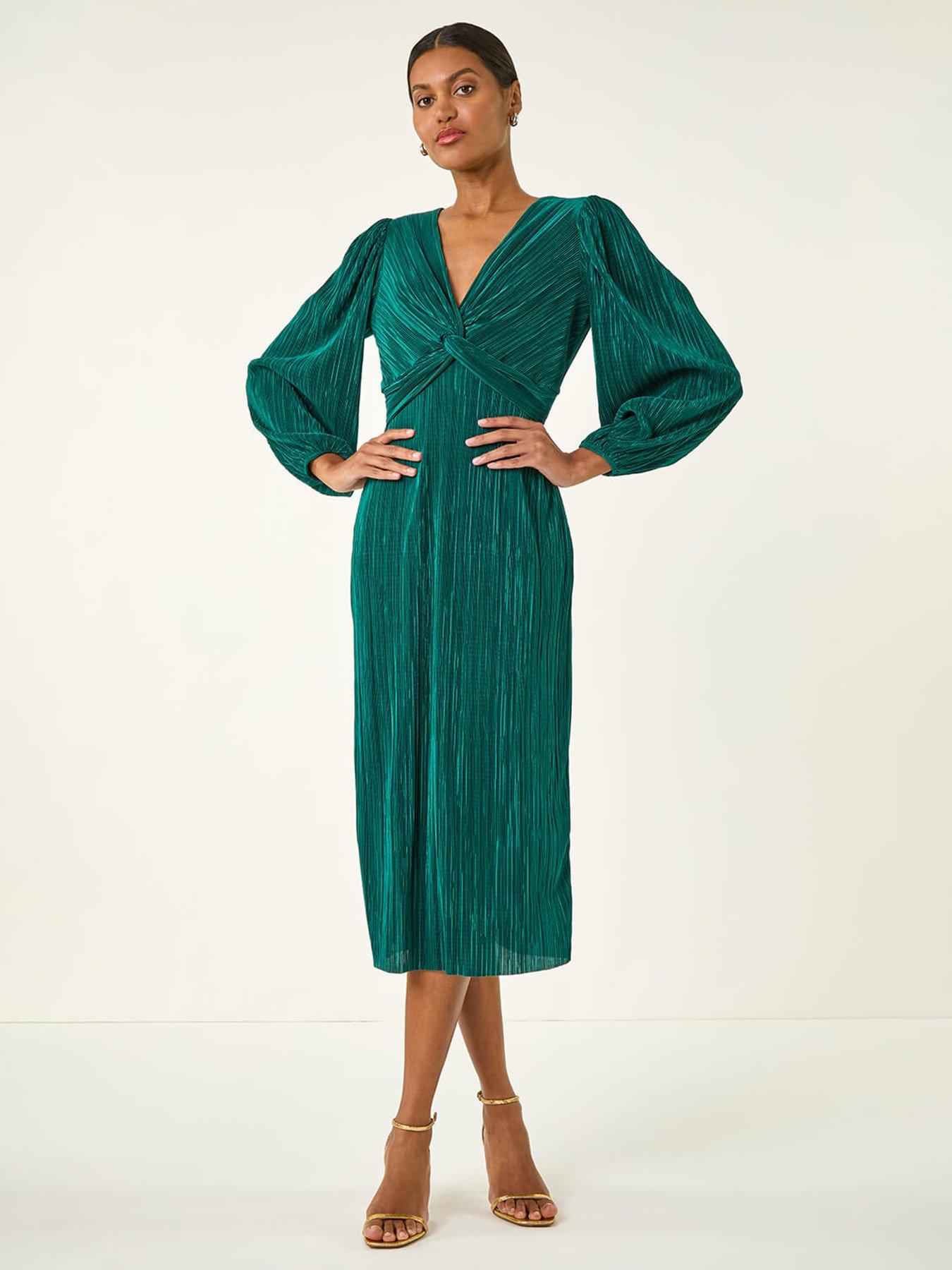 Roman Plisse Twist Front Midi Dress - Green