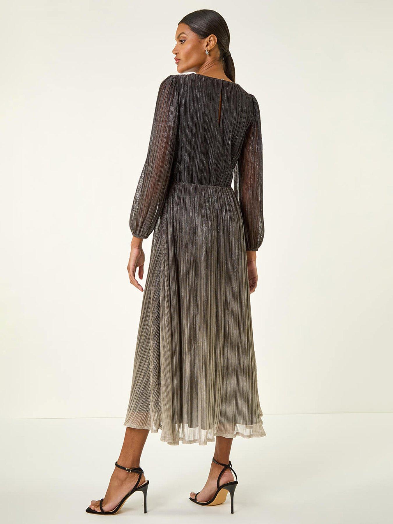 Image 2 of 5 of Roman Ombre Plisse Twist Front Midi Dress - Brown