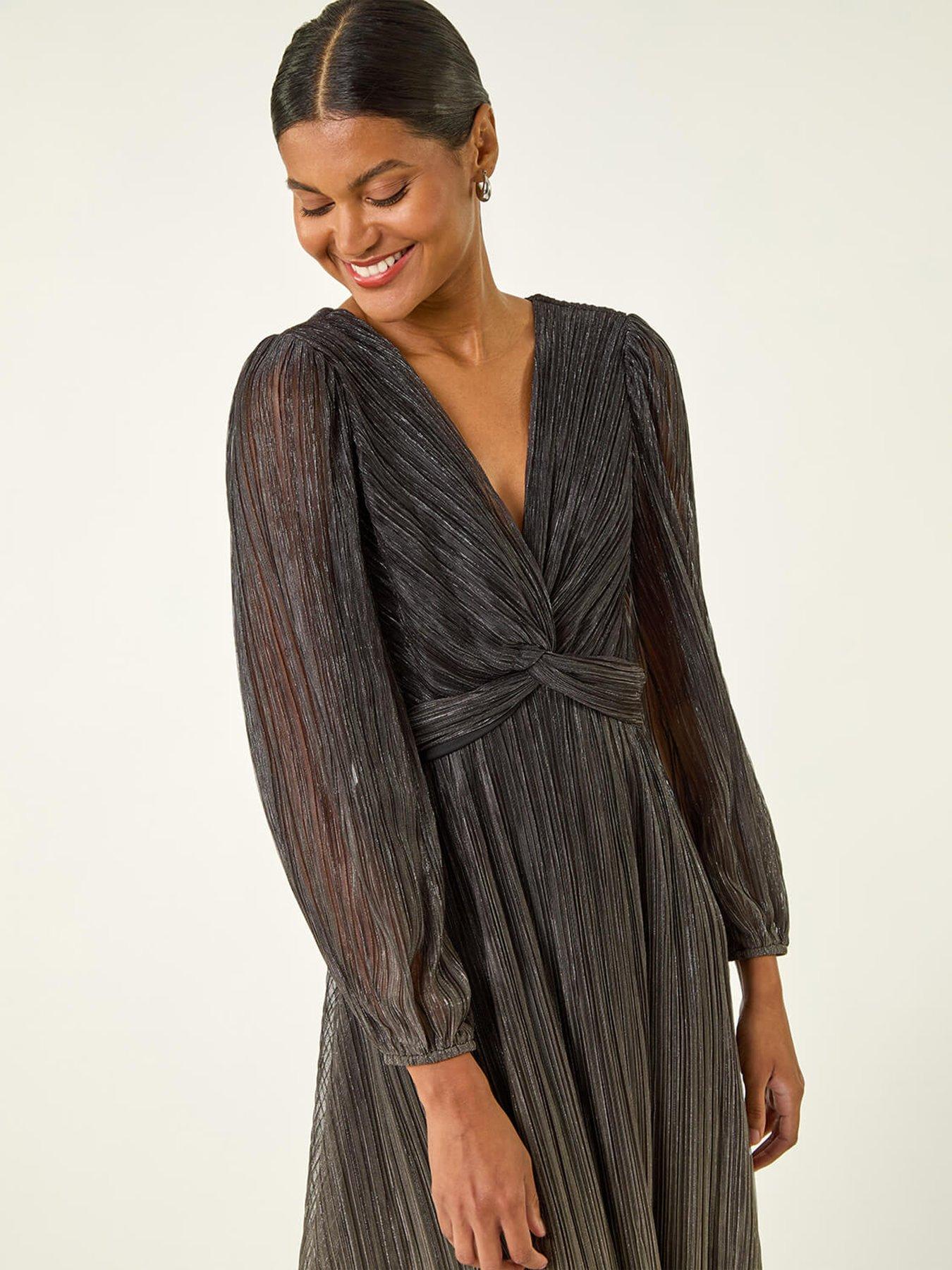 Image 4 of 5 of Roman Ombre Plisse Twist Front Midi Dress - Brown