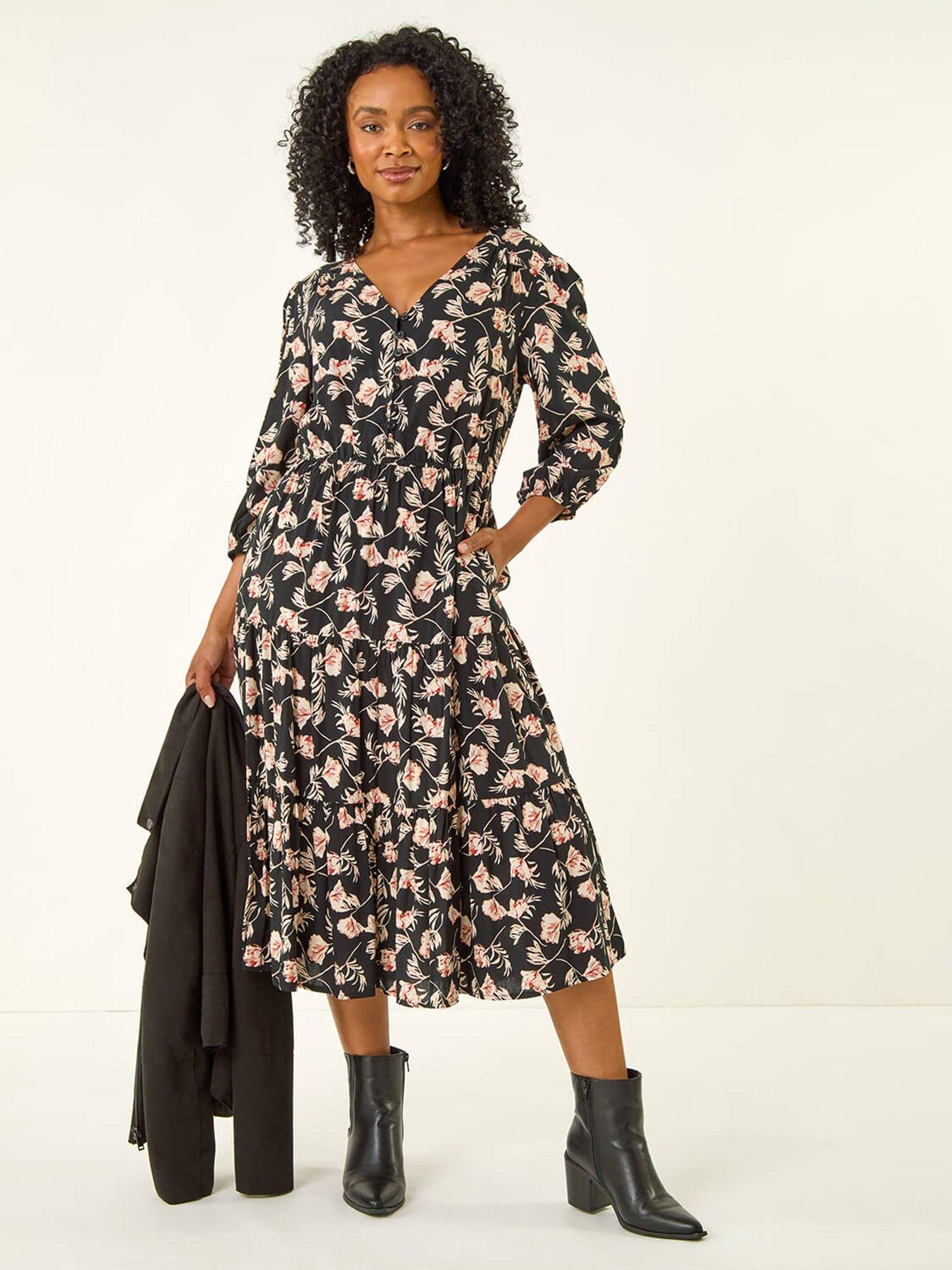 undefined Petite Floral Tiered Midi Dress - Black