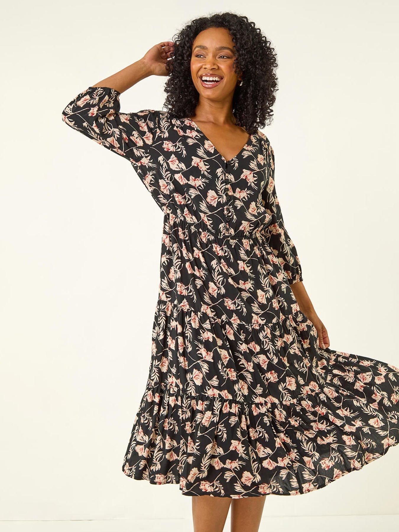 Image 3 of 5 of Roman Petite Floral Tiered Midi Dress - Black