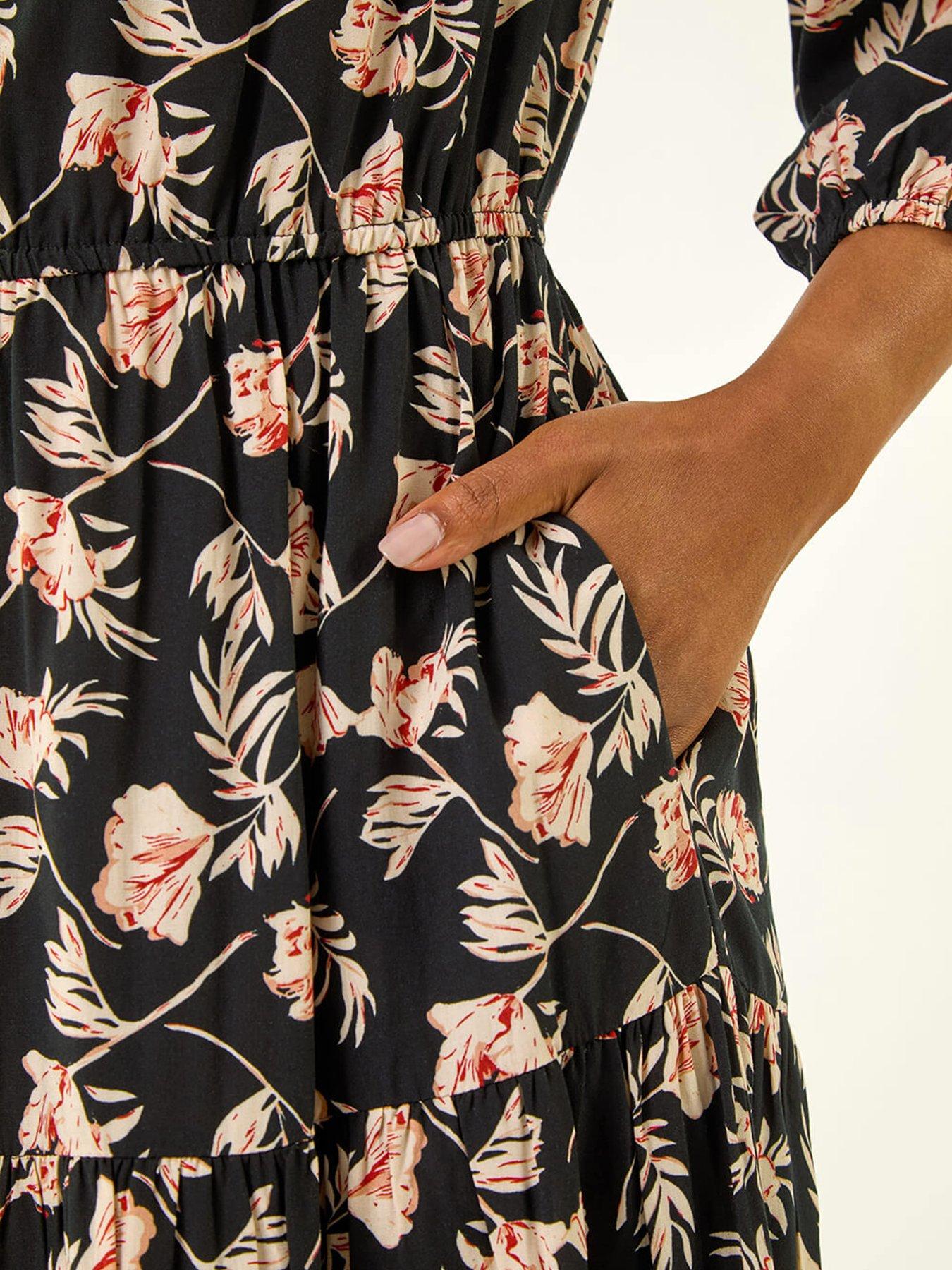 Image 5 of 5 of Roman Petite Floral Tiered Midi Dress - Black