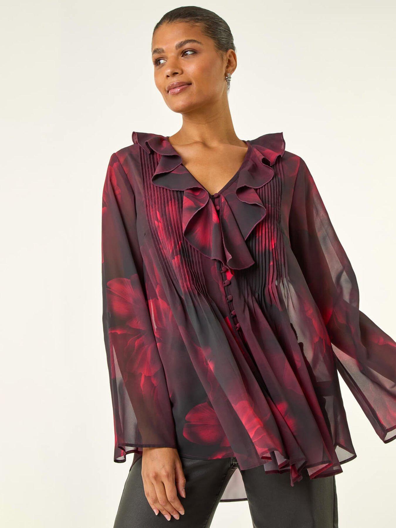 undefined Printed Frill Front Blouse - Red