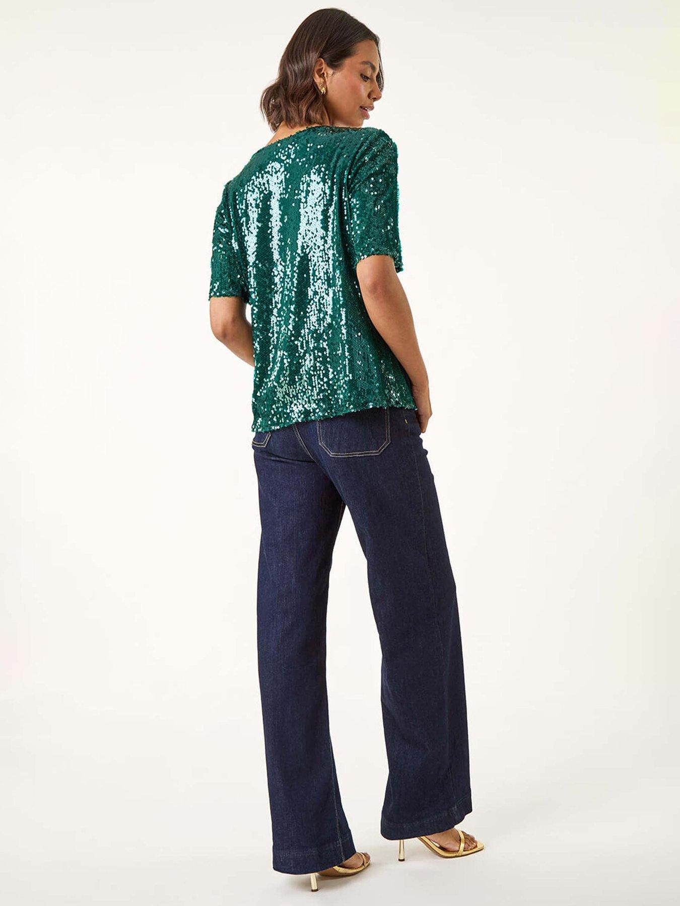 Image 2 of 5 of Roman Sequin Embellished T-Shirt - Forest
