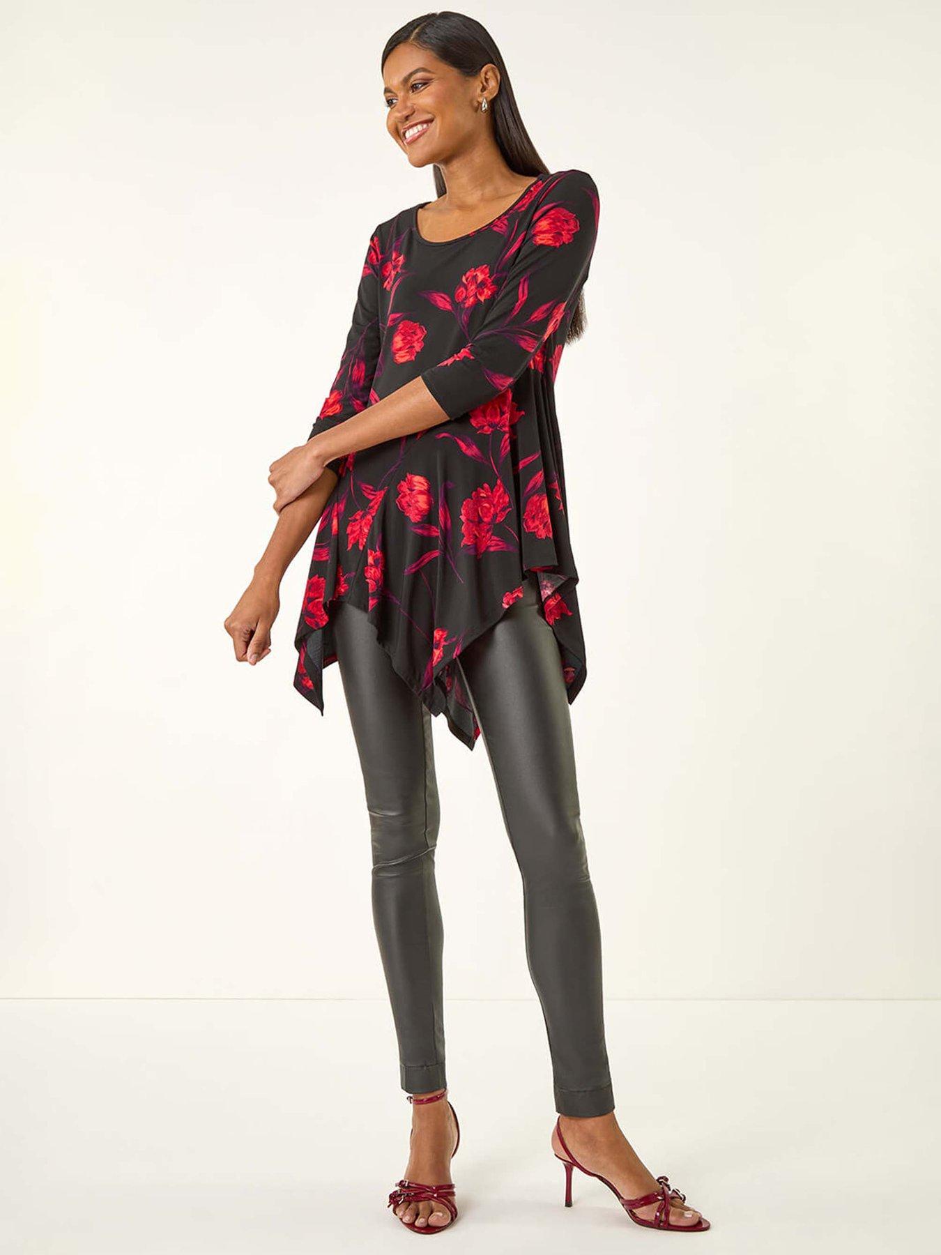 undefined Floral Print Asymmetric Stretch Top - Red
