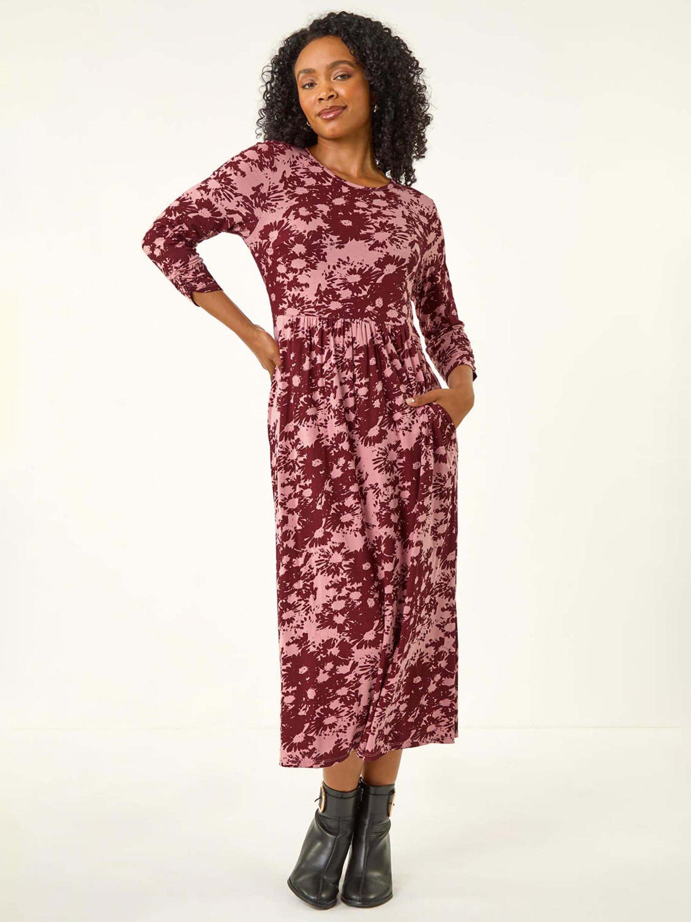 Roman Petite Floral Abstract Stretch Midi Dress - Wine