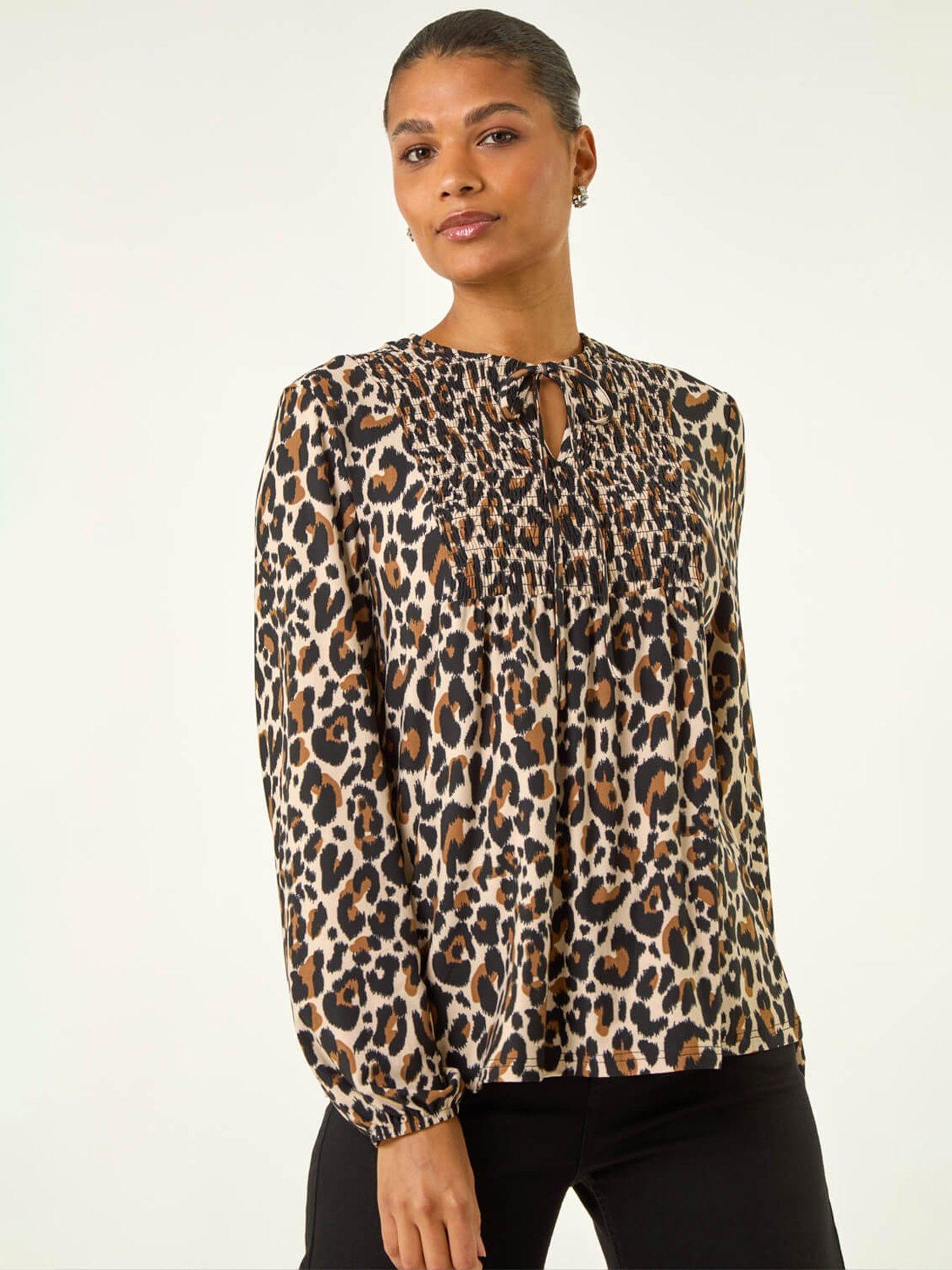 undefined Animal Print Shirred Tie Neck Top - Beige