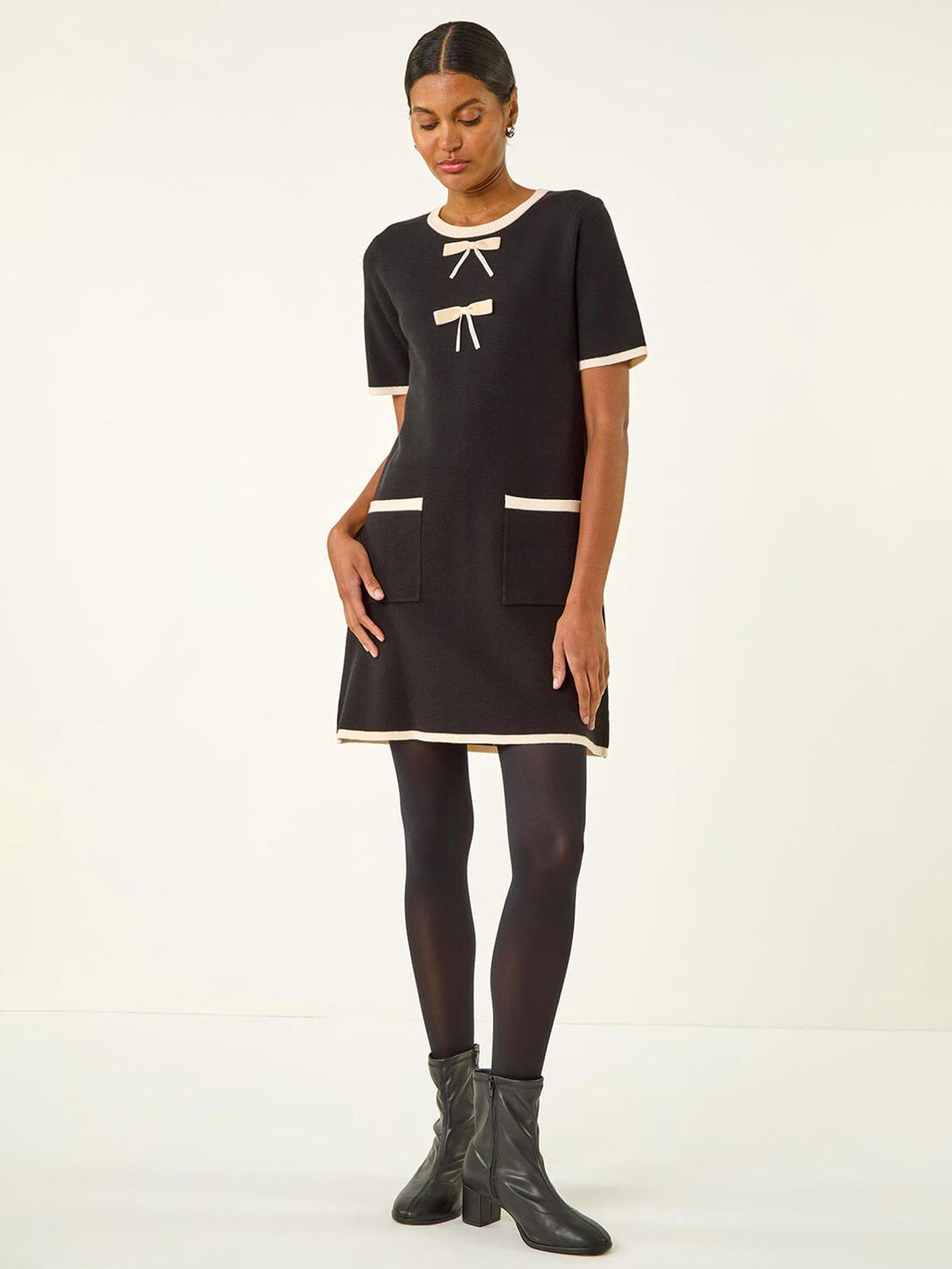 Roman Bow Detail Knitted Dress - Black