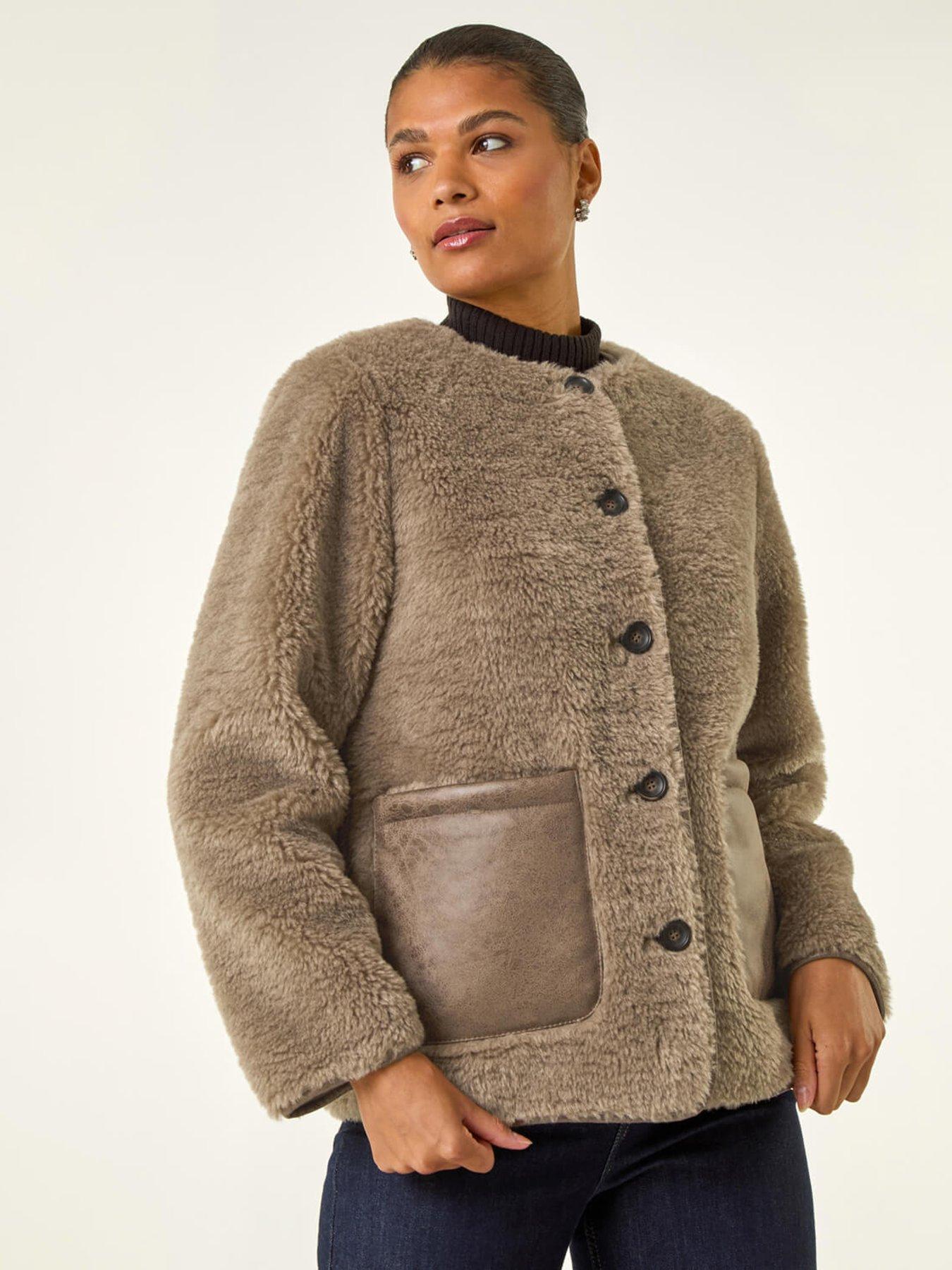 Roman Faux Fur Borg Pocket Front Jacket - Beige