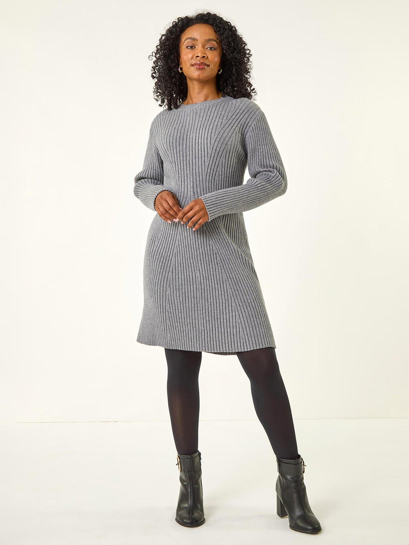 undefined Petite Ribbed Knitted Dress - Grey