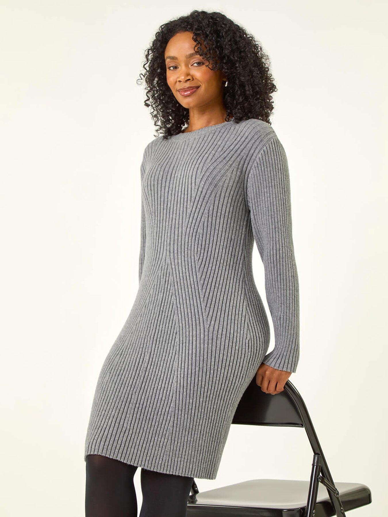 Image 4 of 5 of Roman Petite Ribbed Knitted Dress - Grey