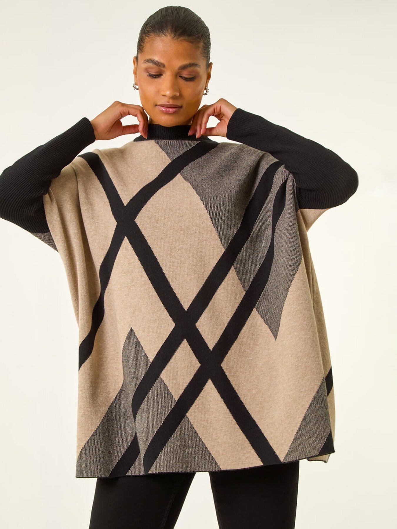 undefined Plaid Asymmetric Knit Poncho - Beige