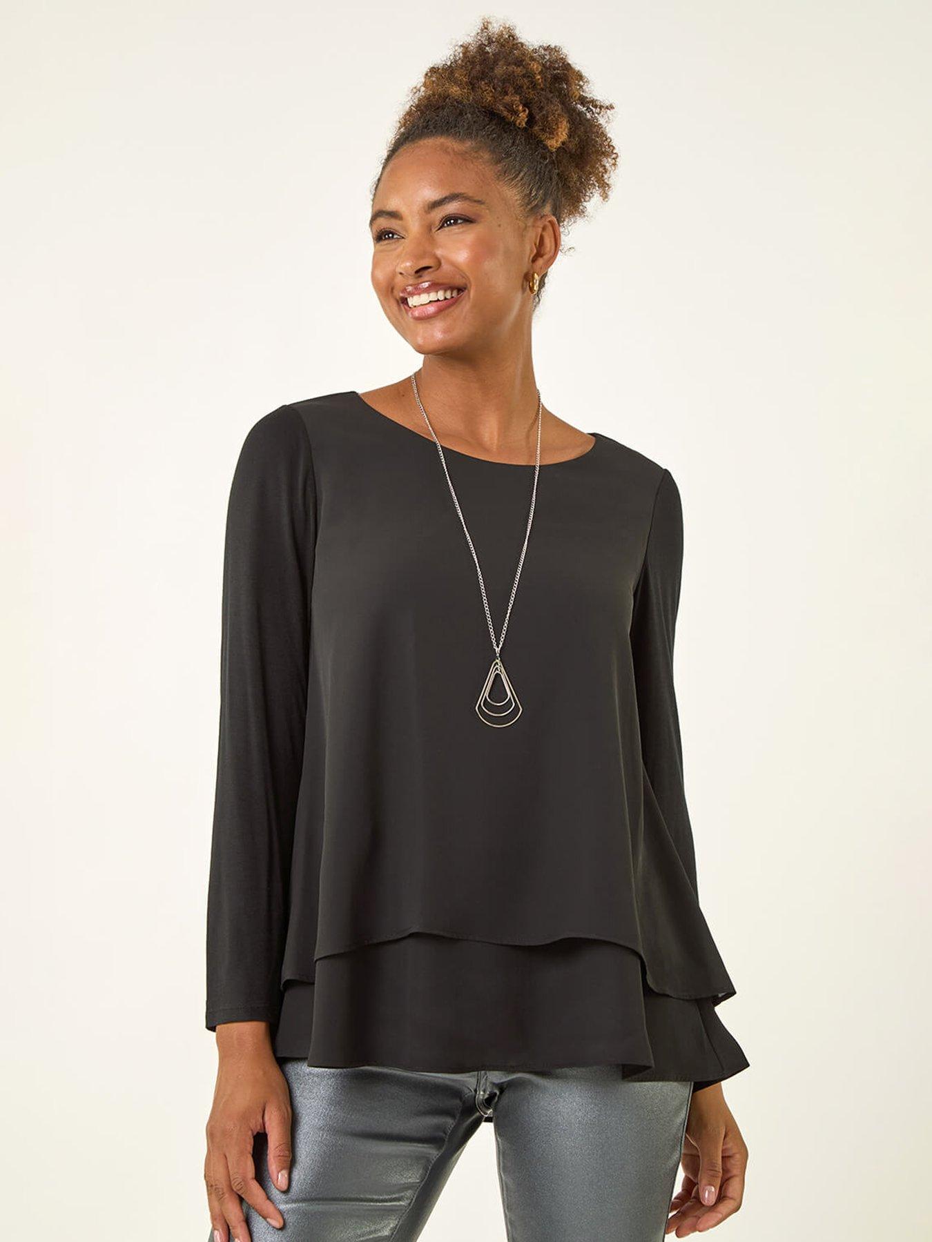 Roman Chiffon Overlay Necklace Top - Black