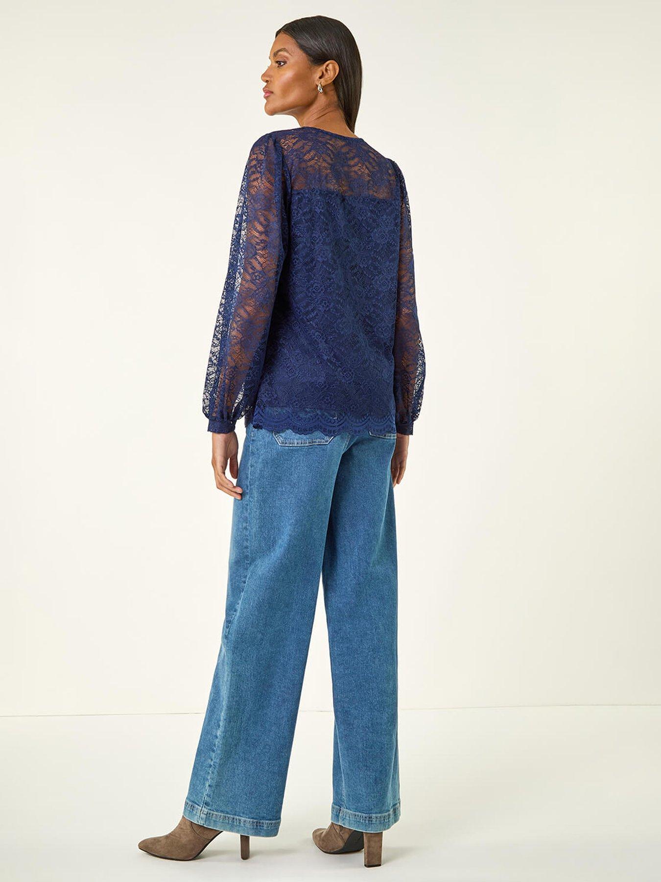  image of roman-lace-jersey-stretch-top-navy