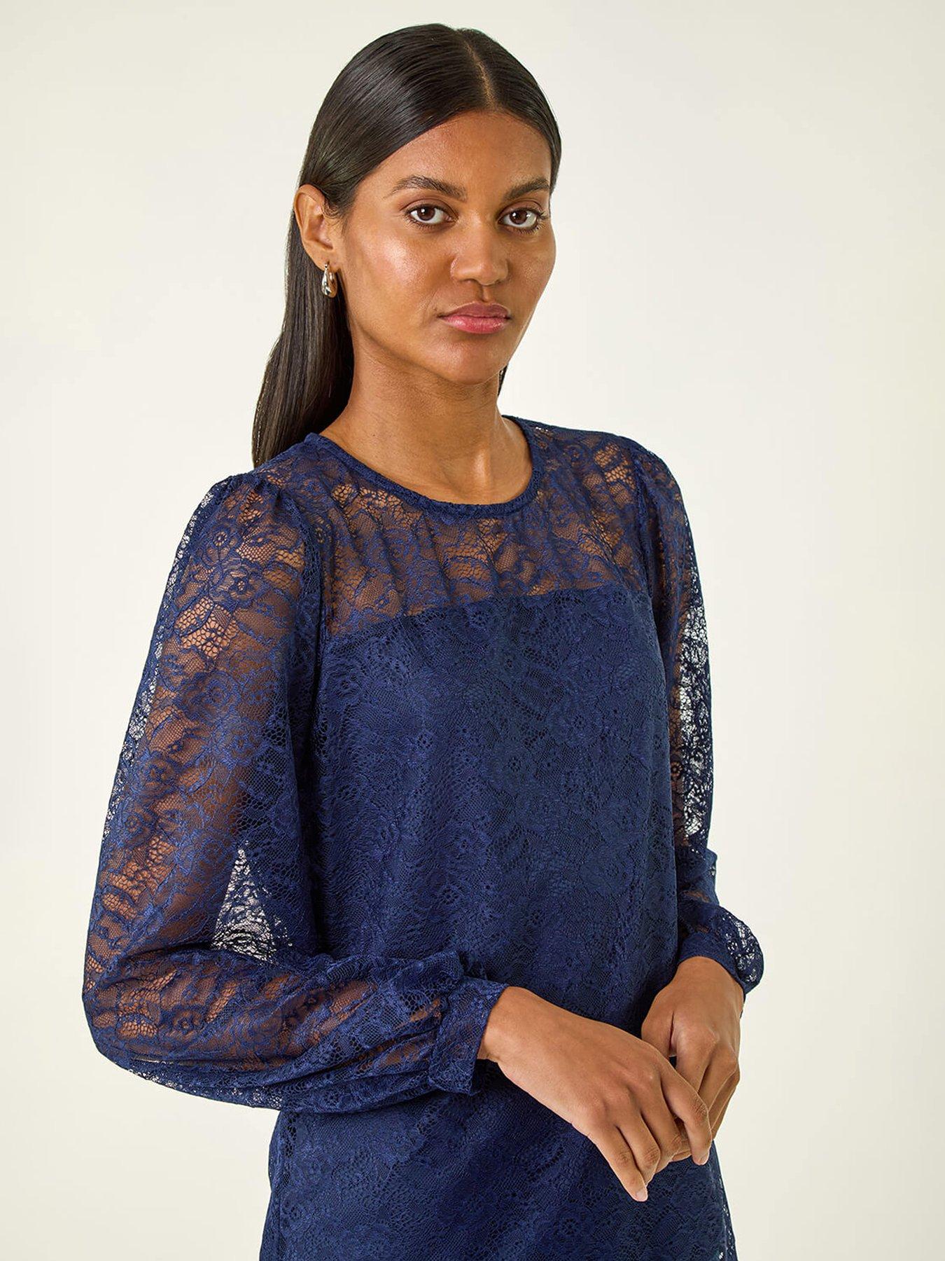  image of roman-lace-jersey-stretch-top-navy