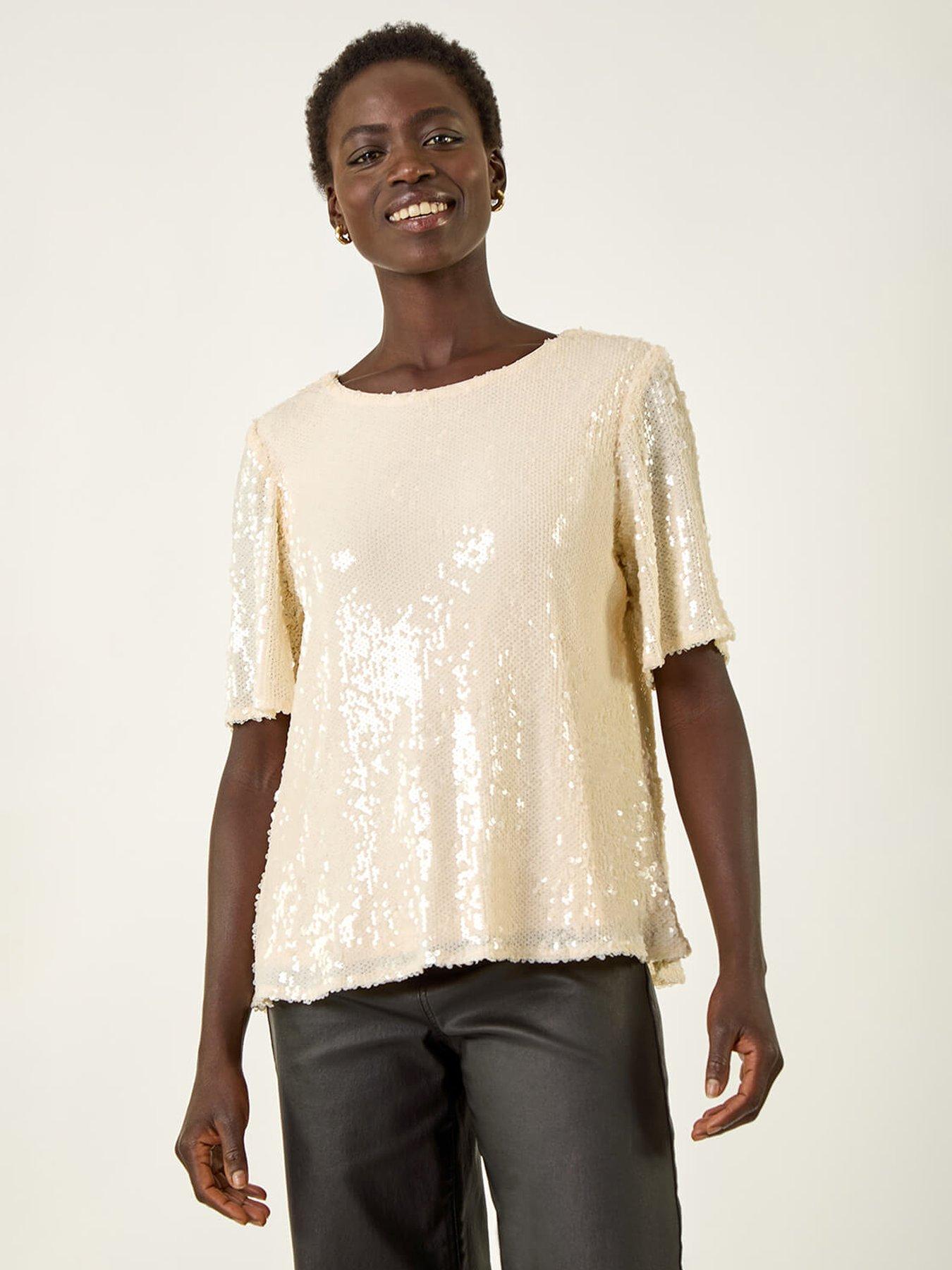  image of roman-sequin-embellished-t-shirt-beige