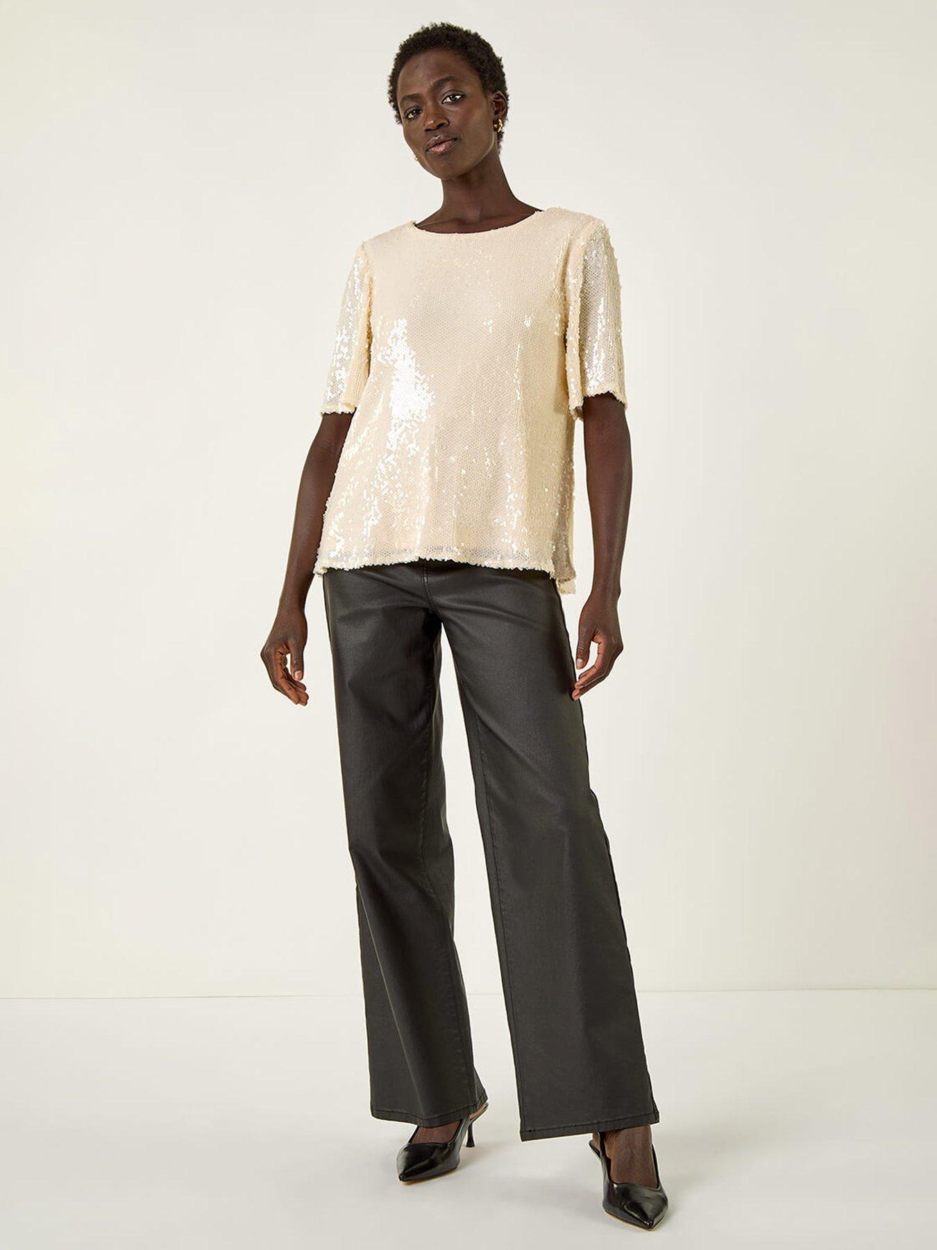  image of roman-sequin-embellished-t-shirt-beige