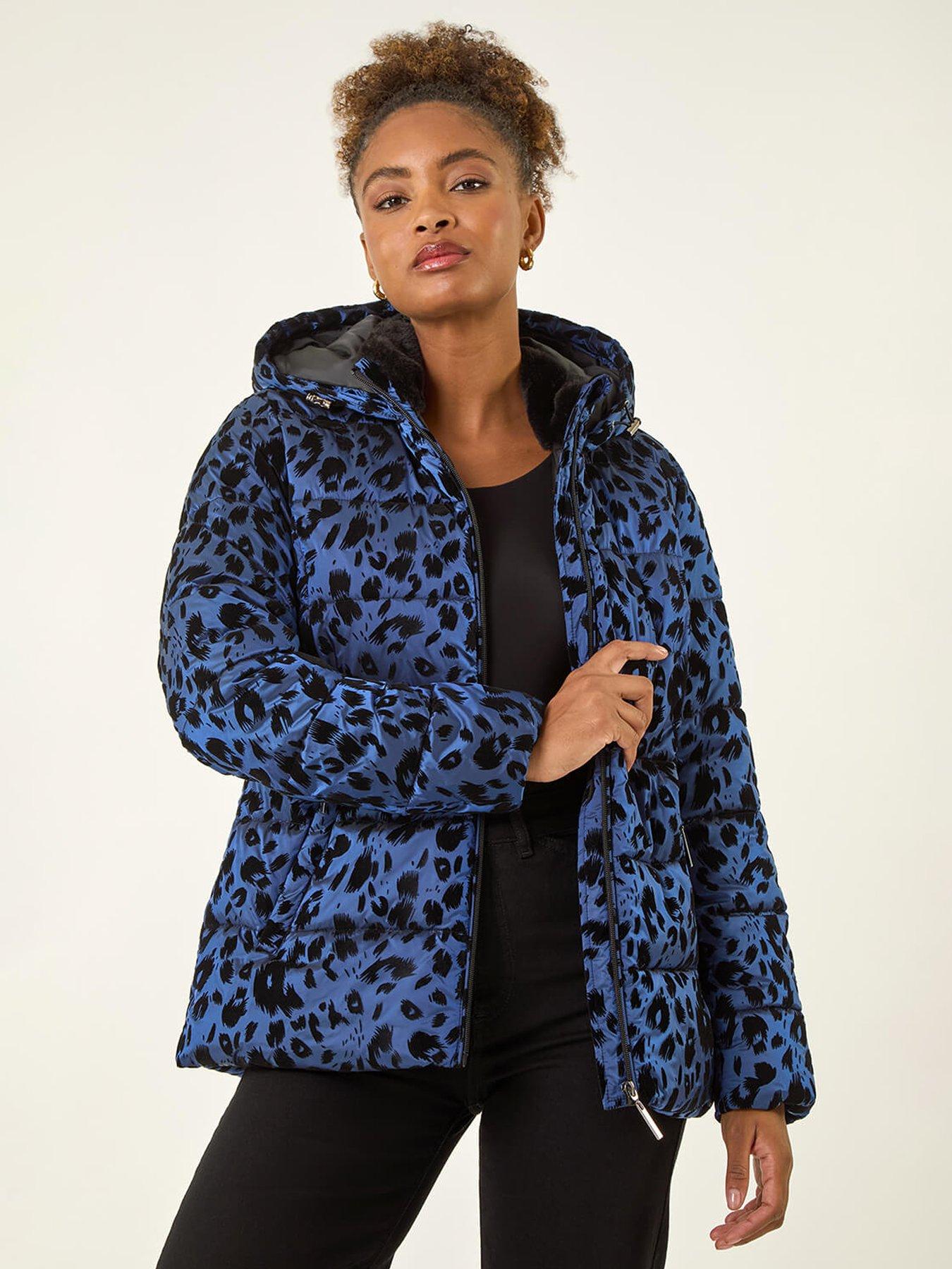 undefined Animal Print Flocked Hooded Coat - Blue