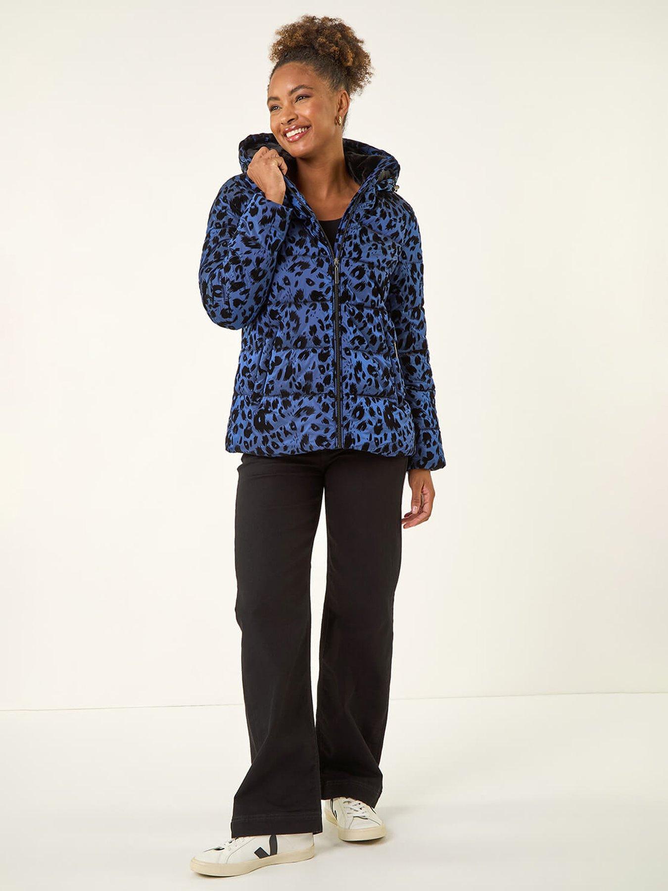 Image 3 of 5 of Roman Animal Print Flocked Hooded Coat - Blue