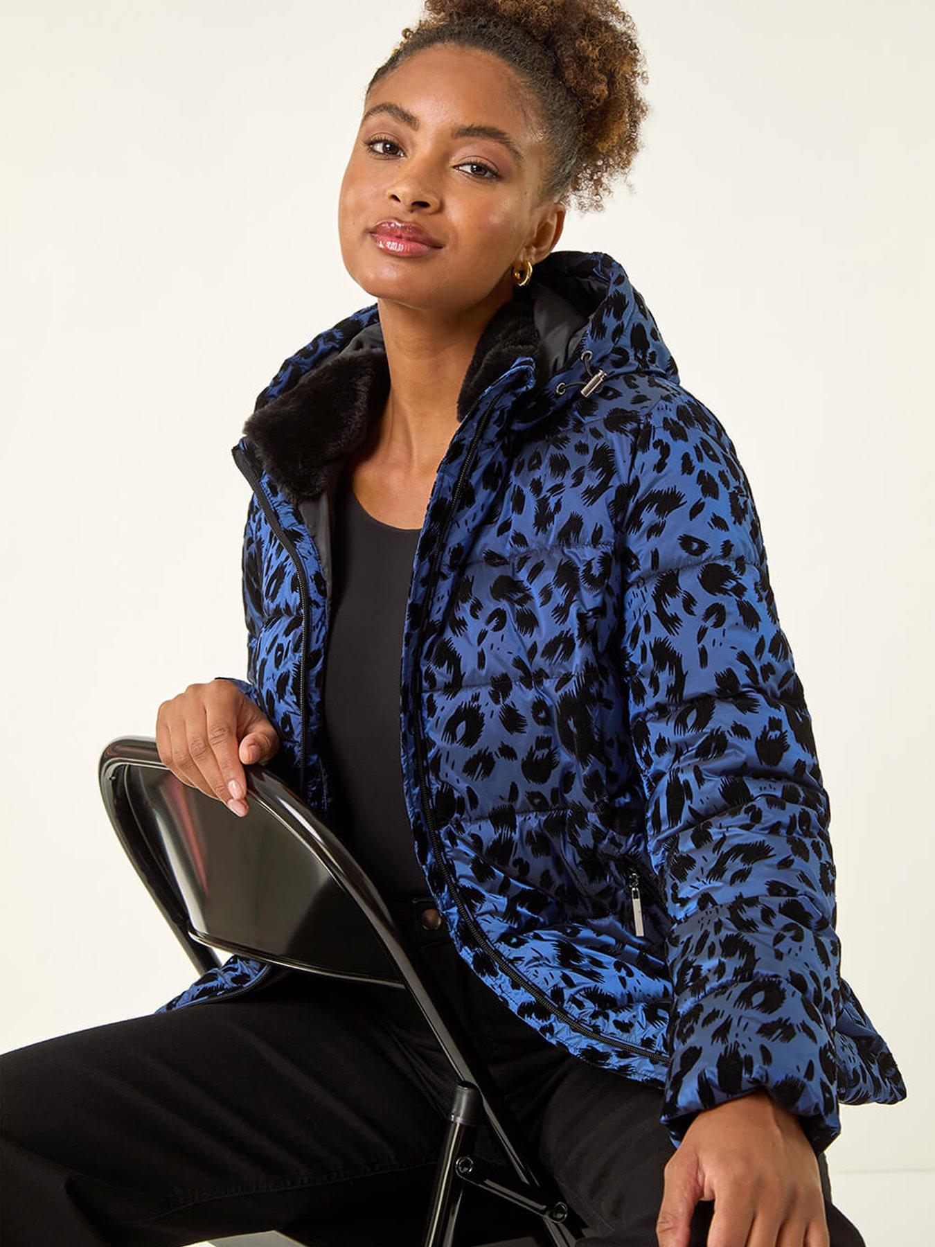 Image 4 of 5 of Roman Animal Print Flocked Hooded Coat - Blue
