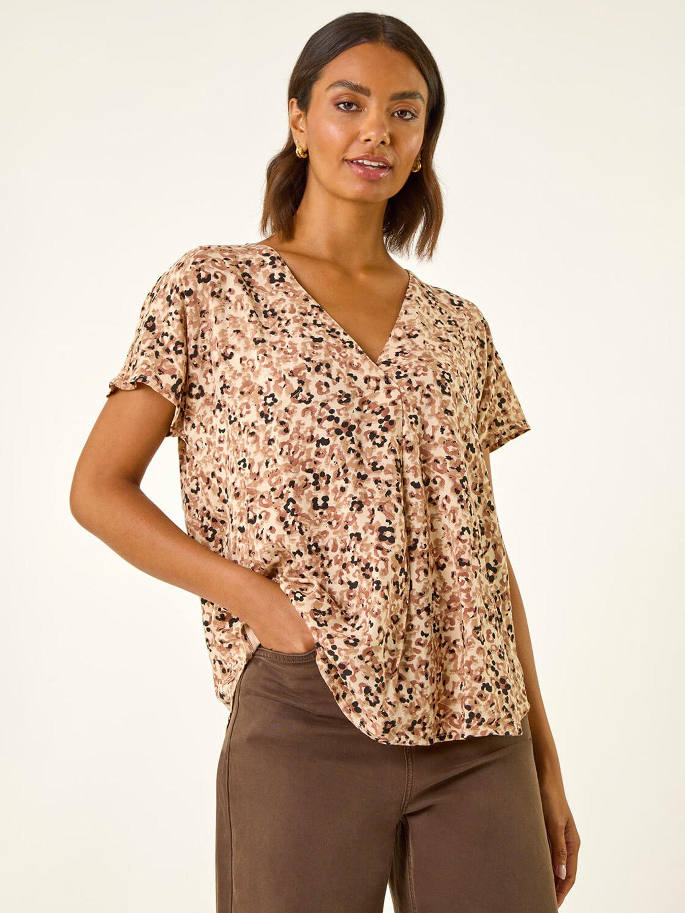 Image 1 of 5 of Roman Animal Print V-neck Pleat Front Top - Beige