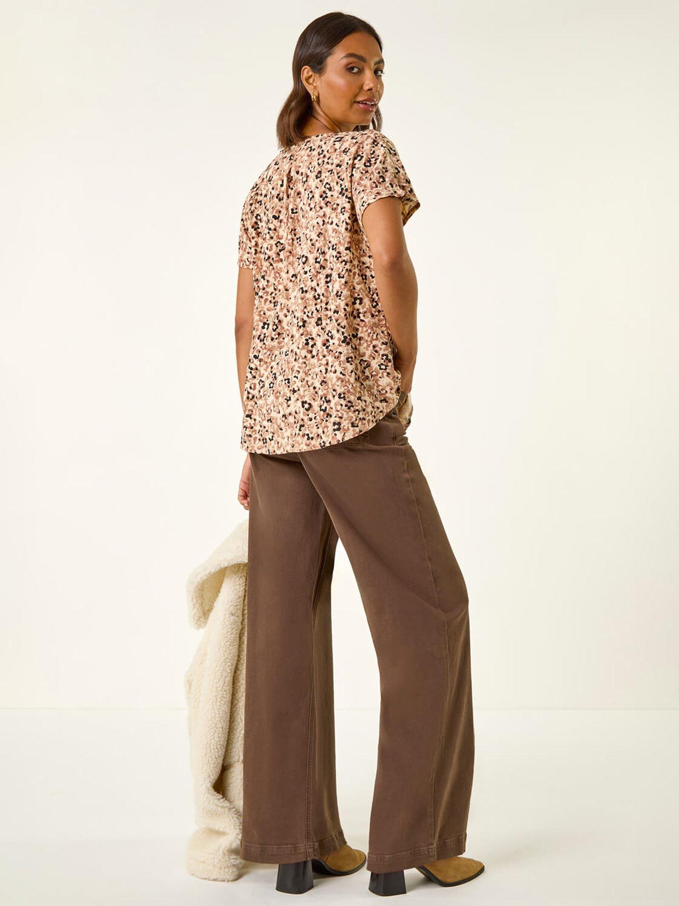 Image 2 of 5 of Roman Animal Print V-neck Pleat Front Top - Beige