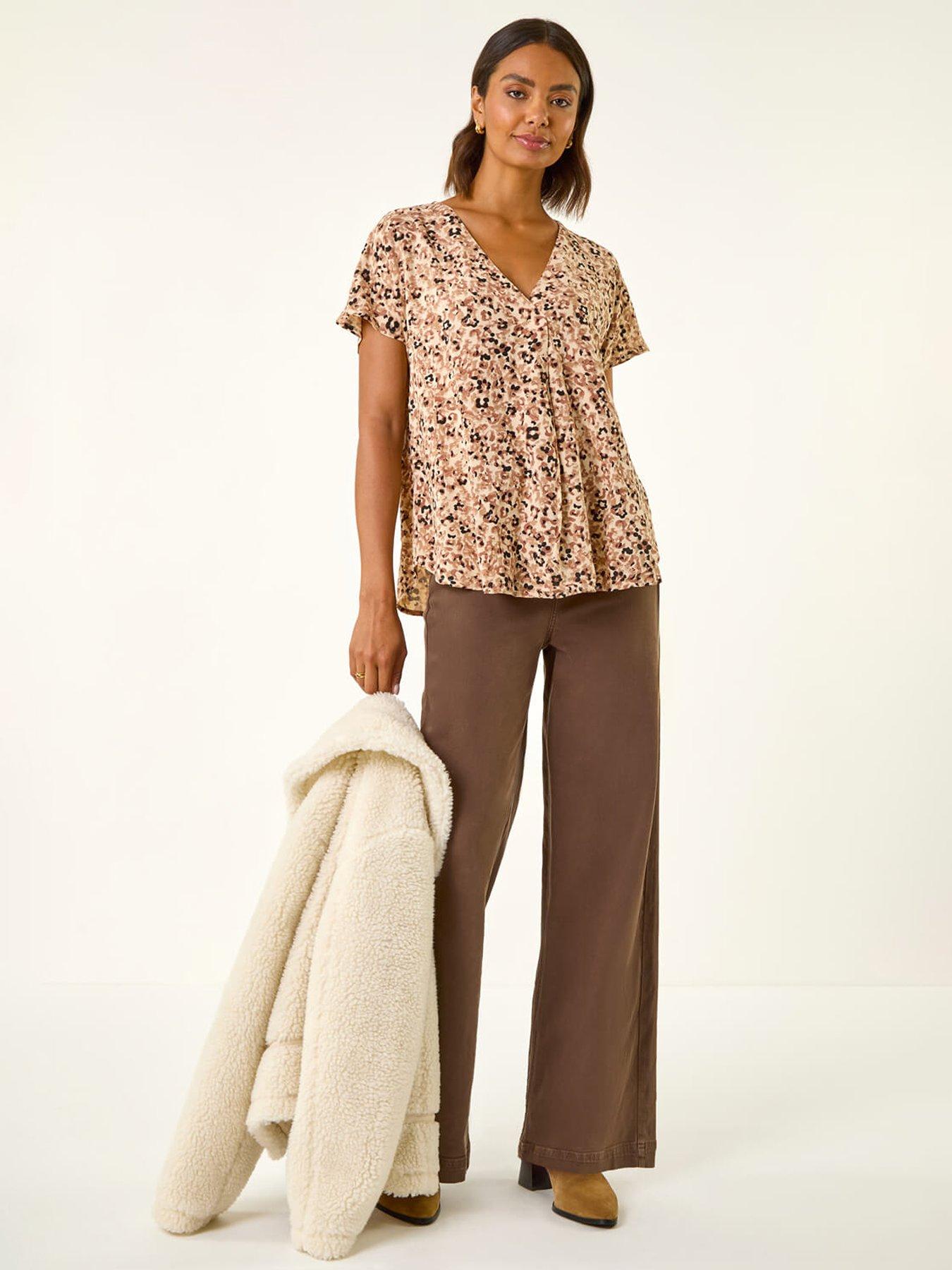 Image 3 of 5 of Roman Animal Print V-neck Pleat Front Top - Beige