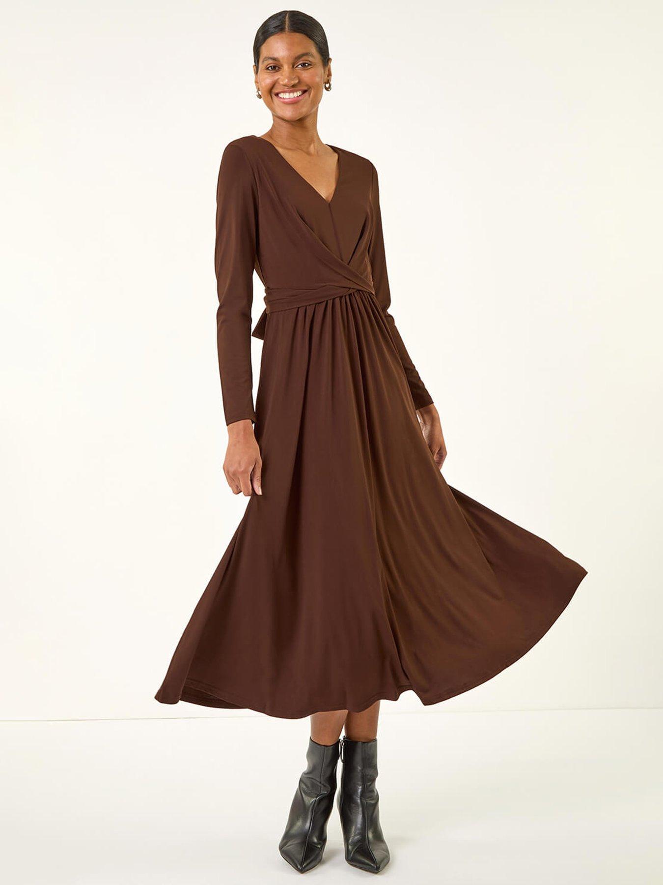undefined Twist Front Stretch Midi Dress - Brown