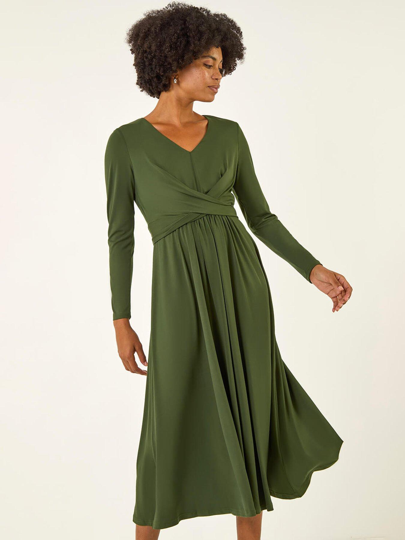 Image 3 of 5 of Roman Twist Front Stretch Midi Dress - Green