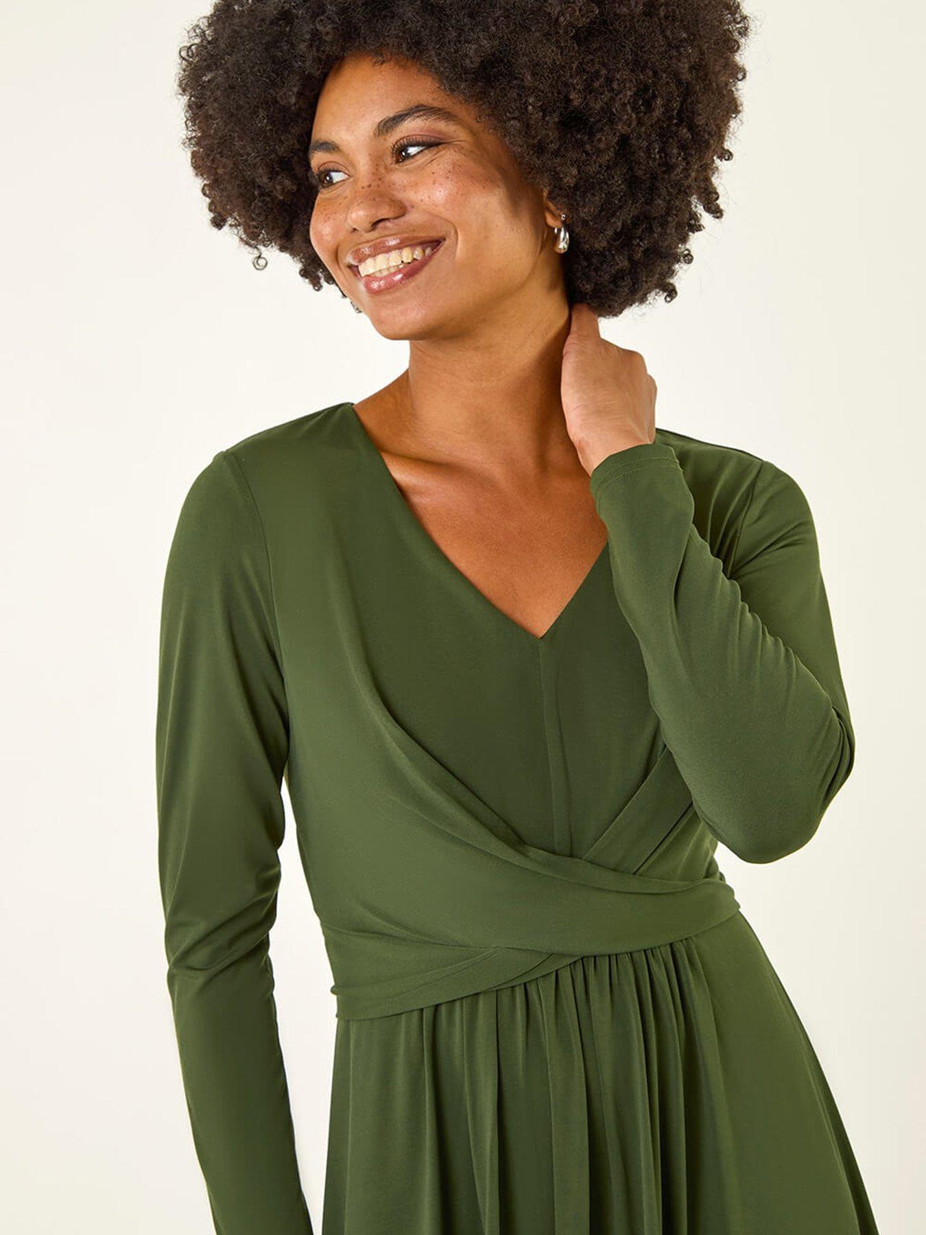 Image 4 of 5 of Roman Twist Front Stretch Midi Dress - Green