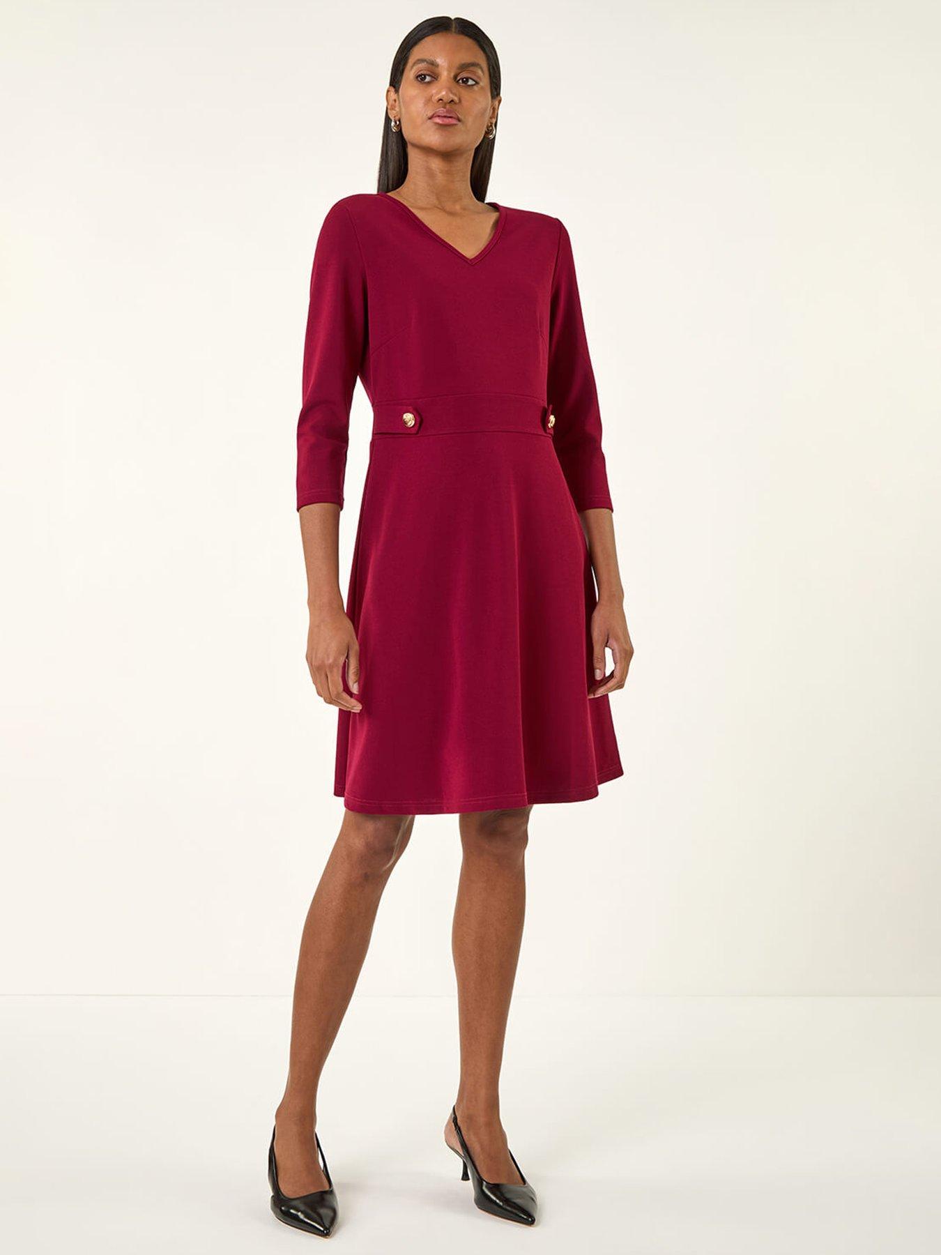 Image 1 of 5 of Roman V-Neck Buttoned Stretch Dress - Red