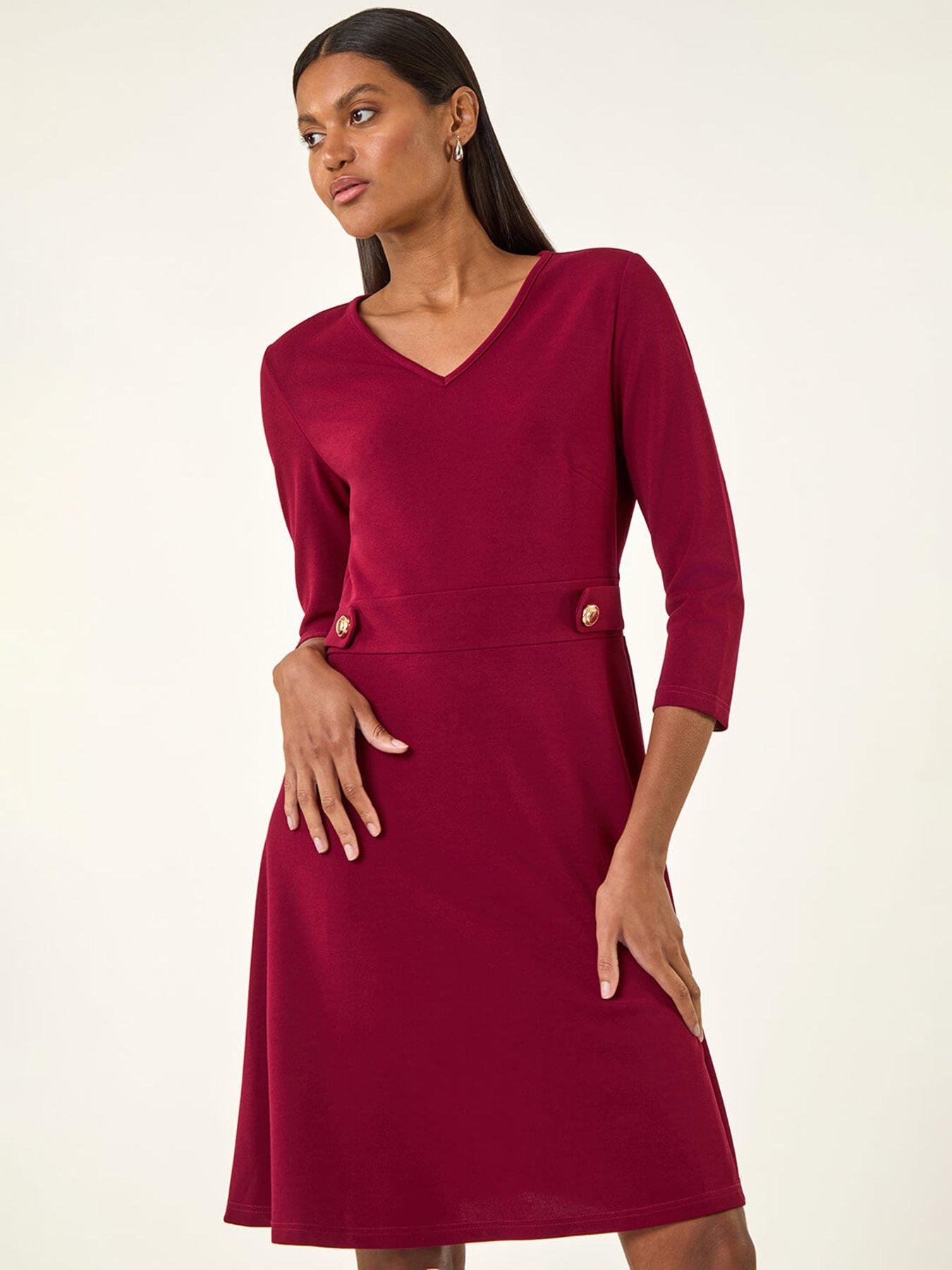 Image 3 of 5 of Roman V-Neck Buttoned Stretch Dress - Red