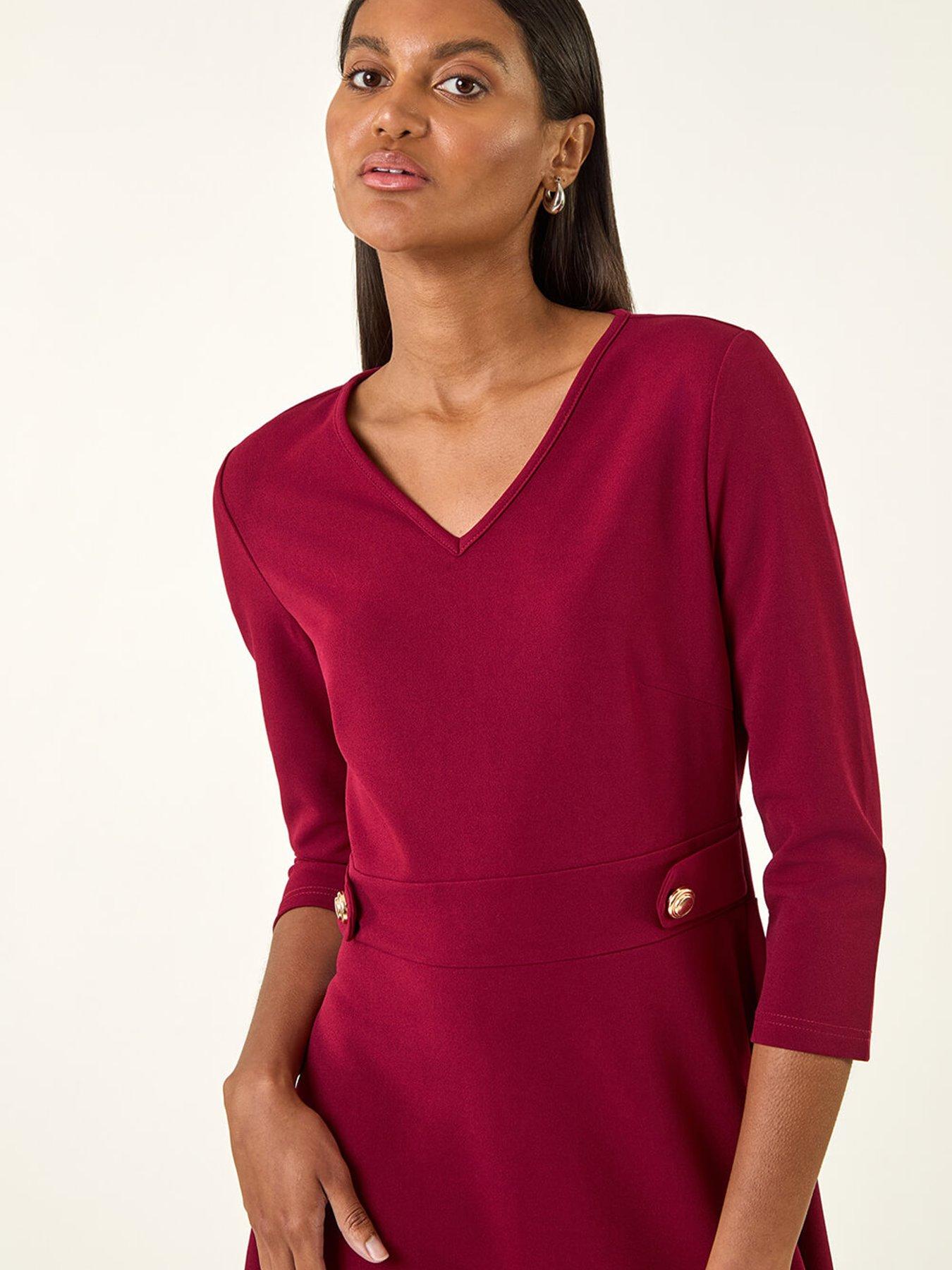 Image 4 of 5 of Roman V-Neck Buttoned Stretch Dress - Red