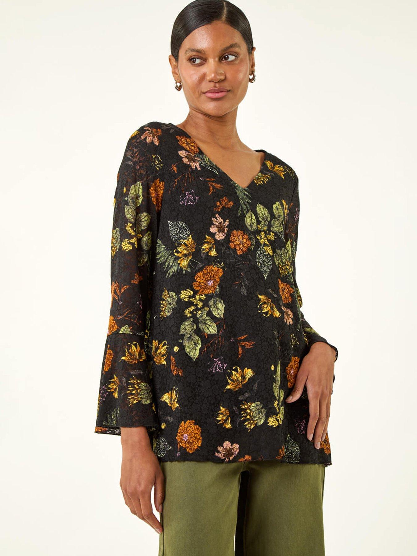 Image 1 of 5 of Roman Floral Print V-Neck Top - Black