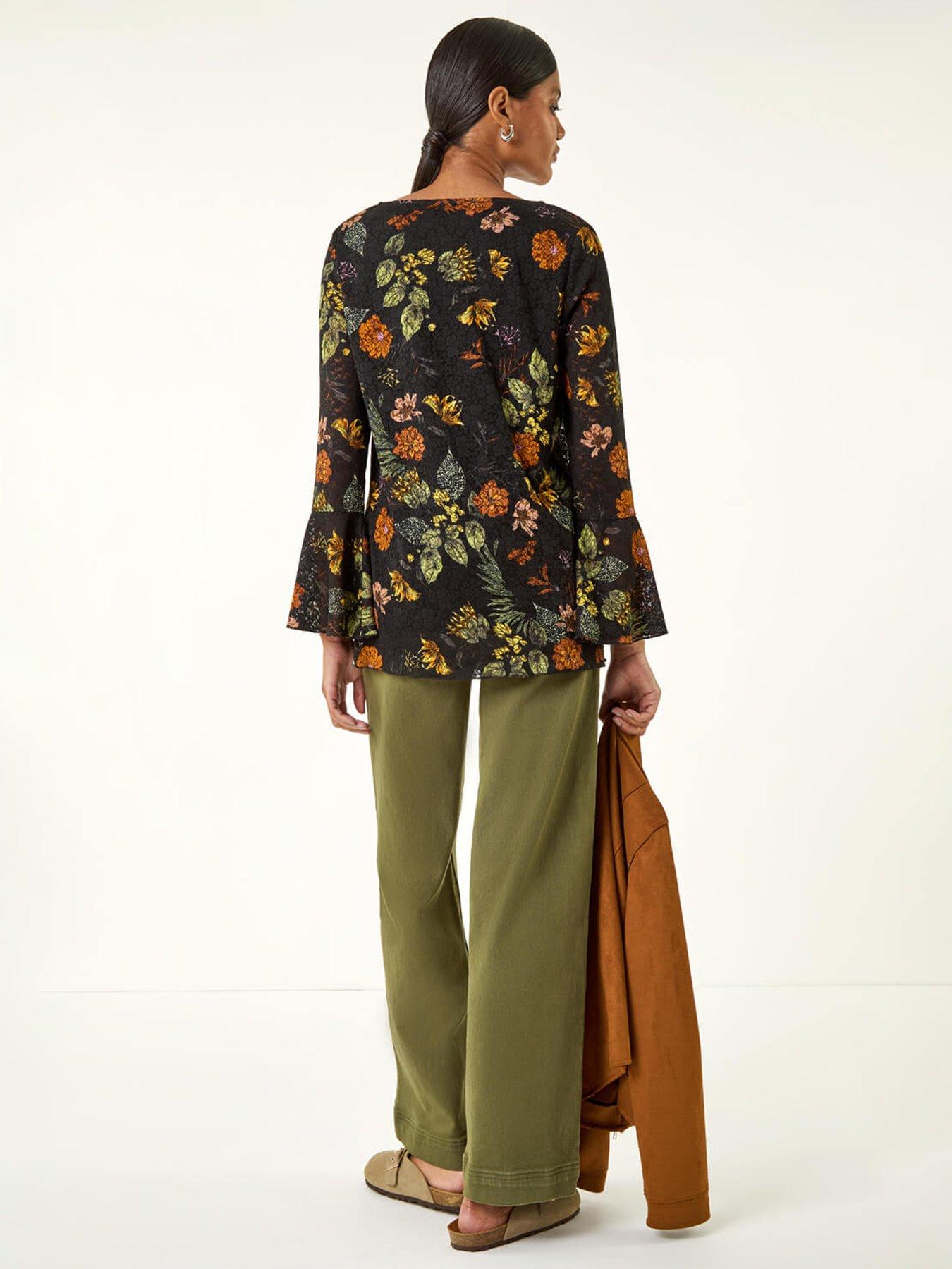 Image 2 of 5 of Roman Floral Print V-Neck Top - Black