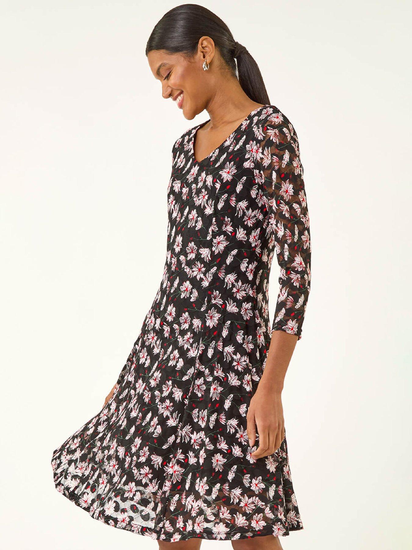 Image 3 of 5 of Roman Floral Print Lace Stretch Dress - Red
