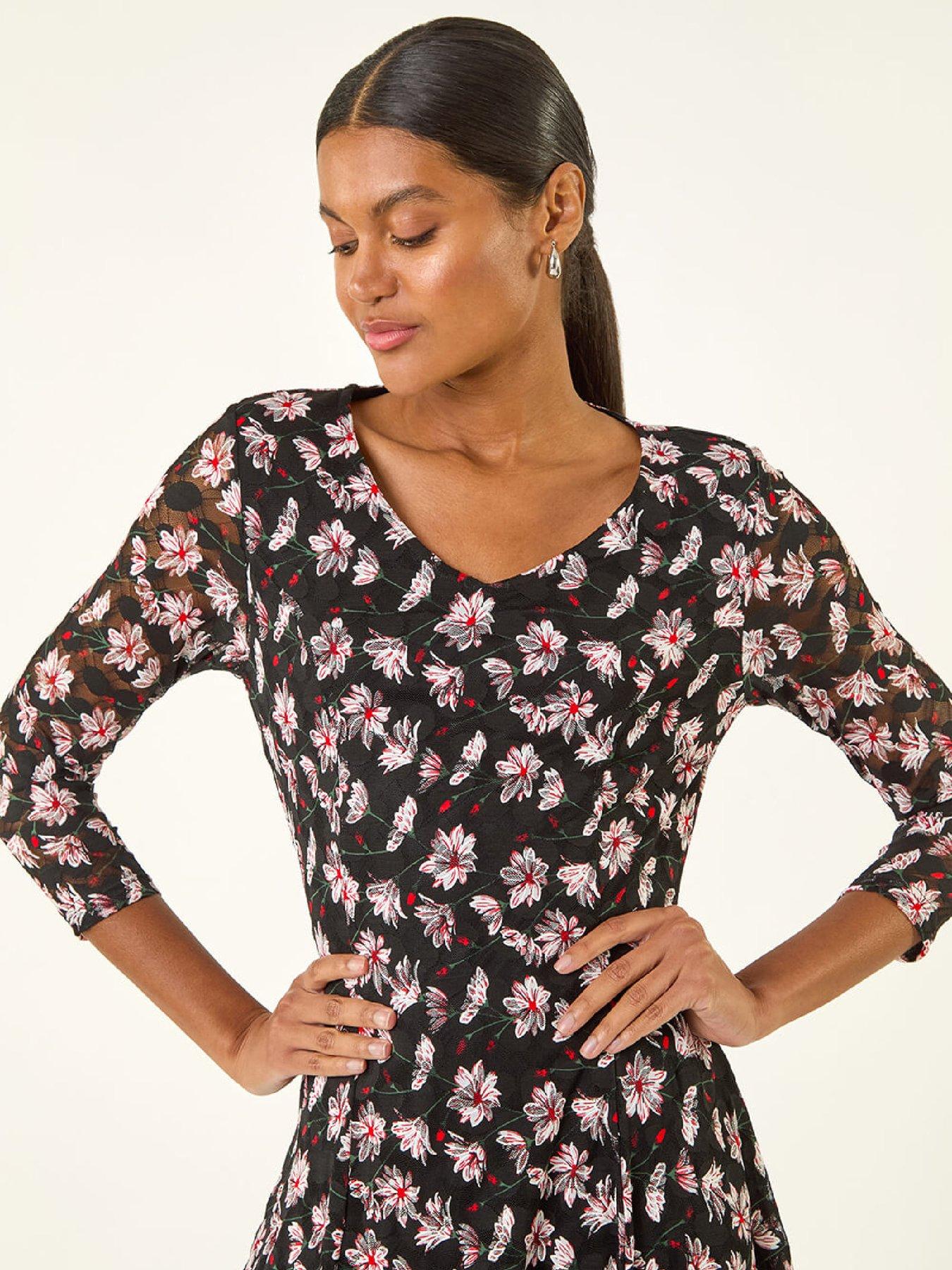 Image 4 of 5 of Roman Floral Print Lace Stretch Dress - Red