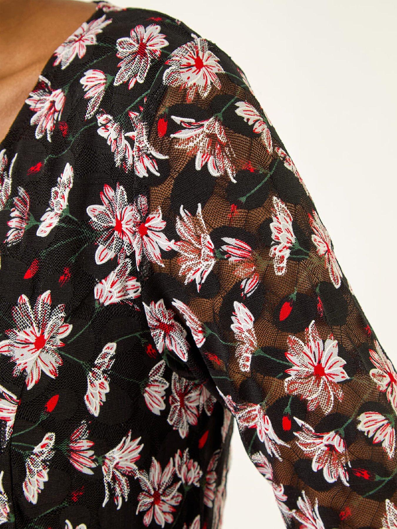 Image 5 of 5 of Roman Floral Print Lace Stretch Dress - Red