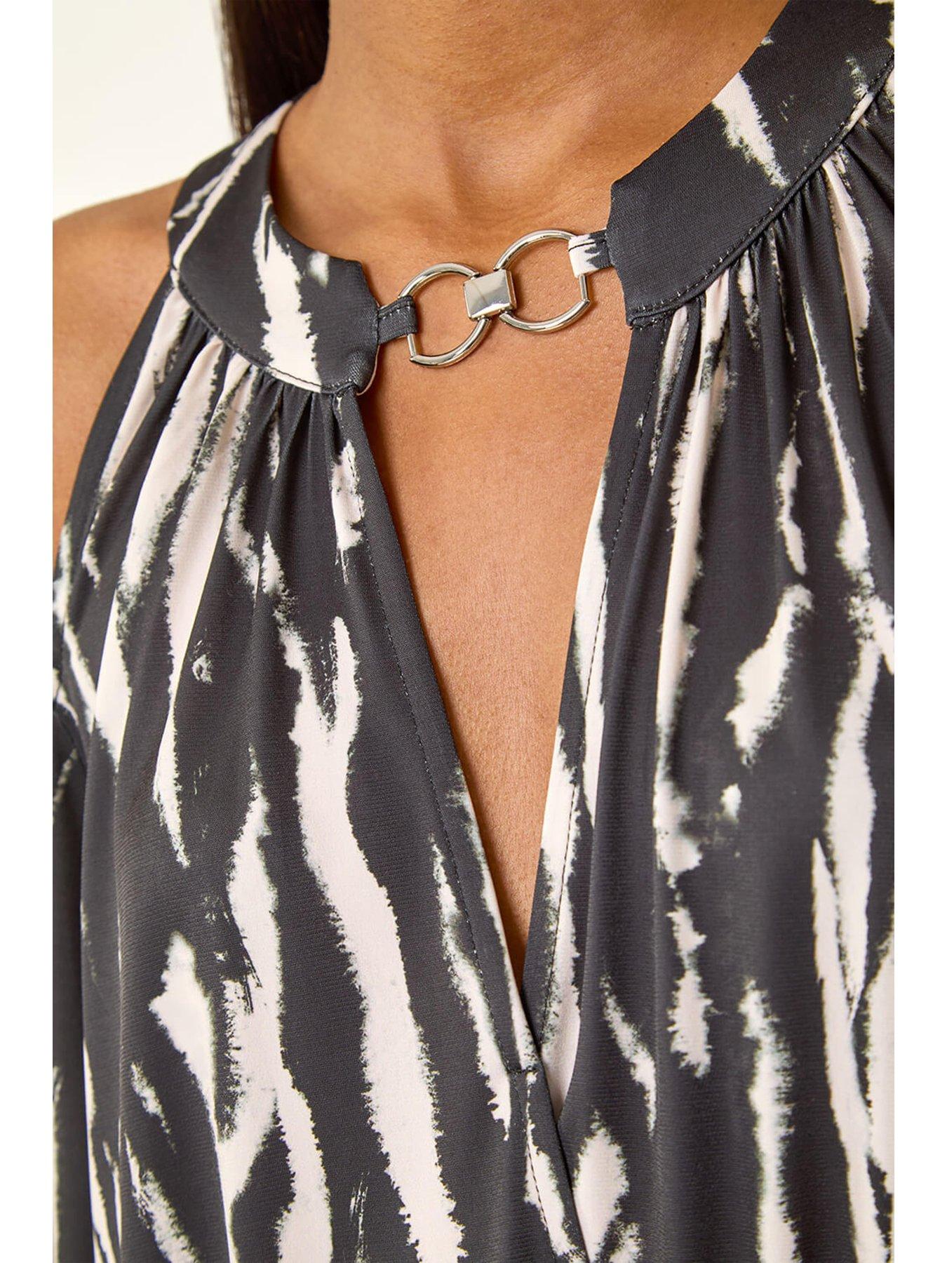 Image 5 of 5 of Roman Abstract Print Cold Shoulder Stretch Top - Black