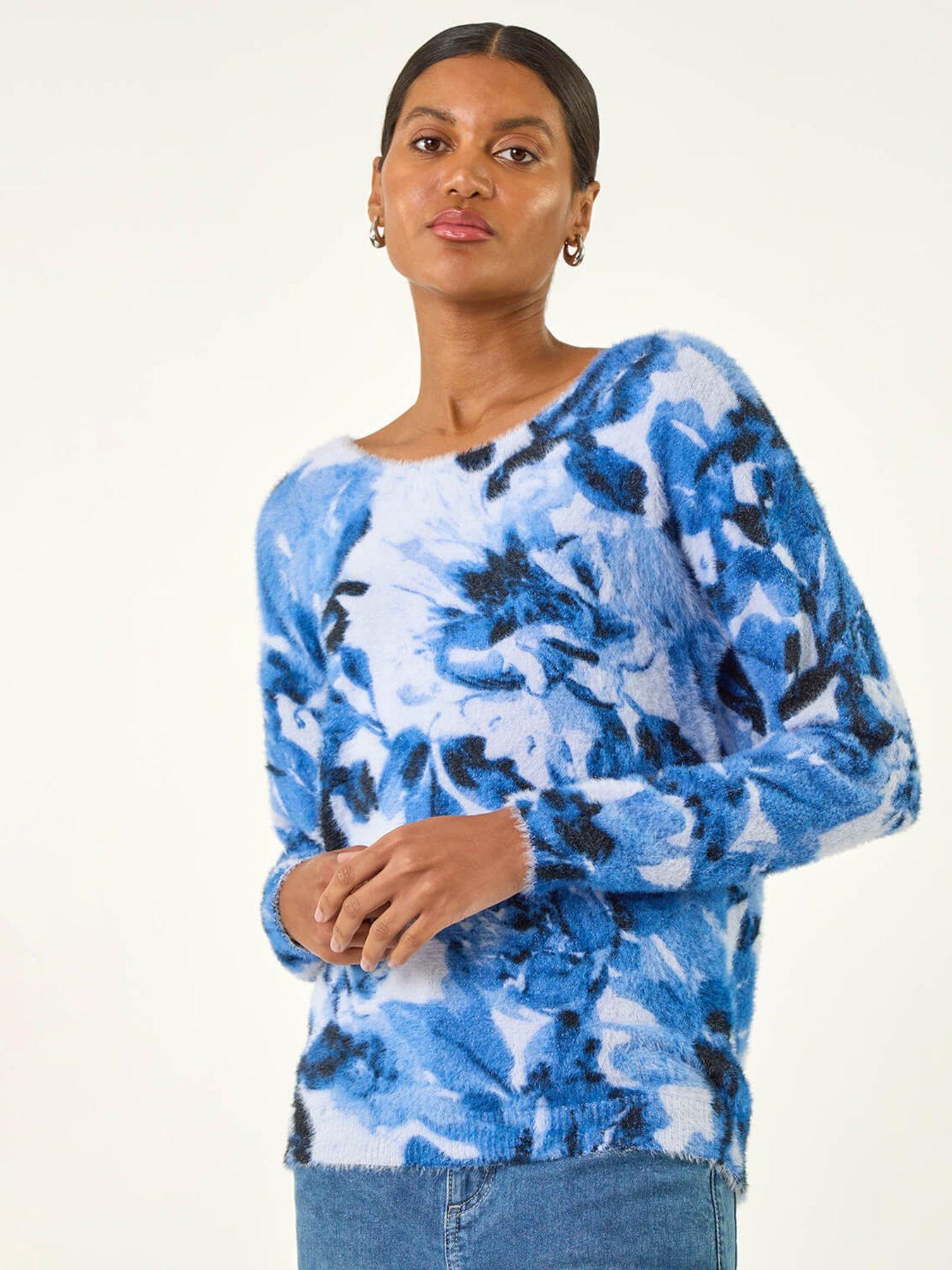 undefined Fluffy Floral Print Knit Jumper - Blue