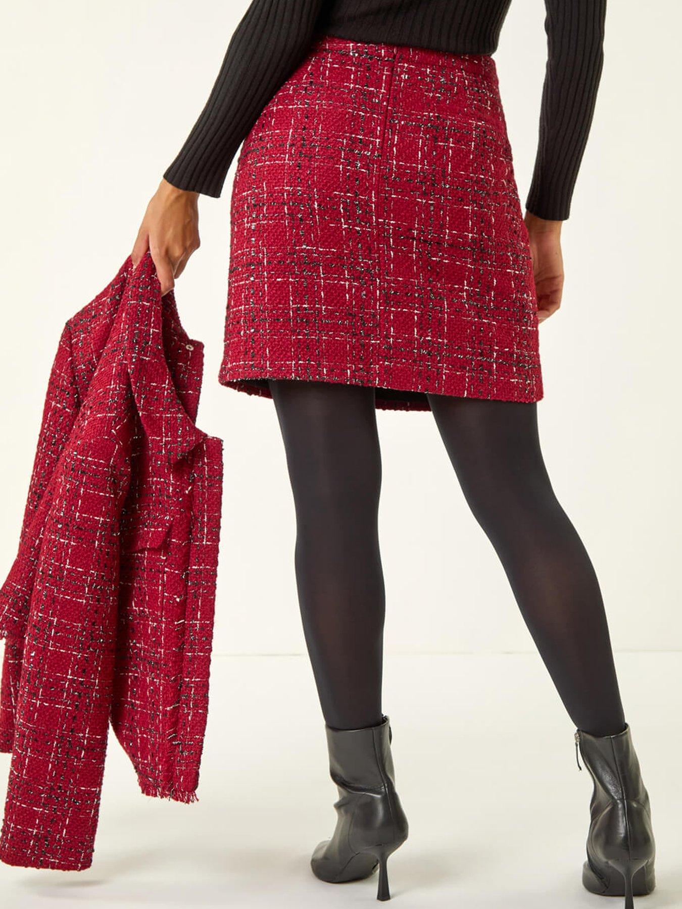 Image 2 of 5 of Roman Checkered Boucle A-line Skirt - Red