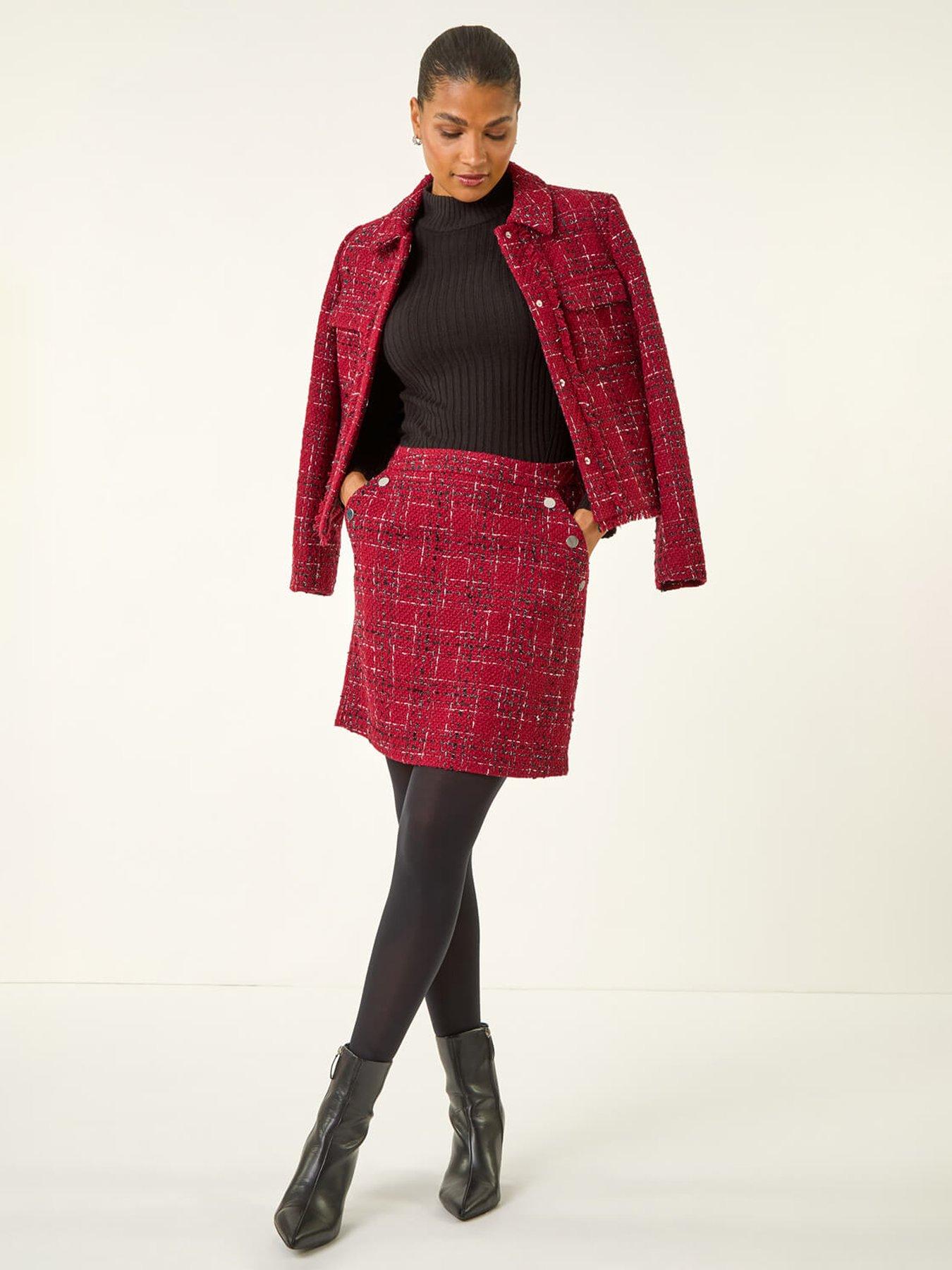 Image 3 of 5 of Roman Checkered Boucle A-line Skirt - Red