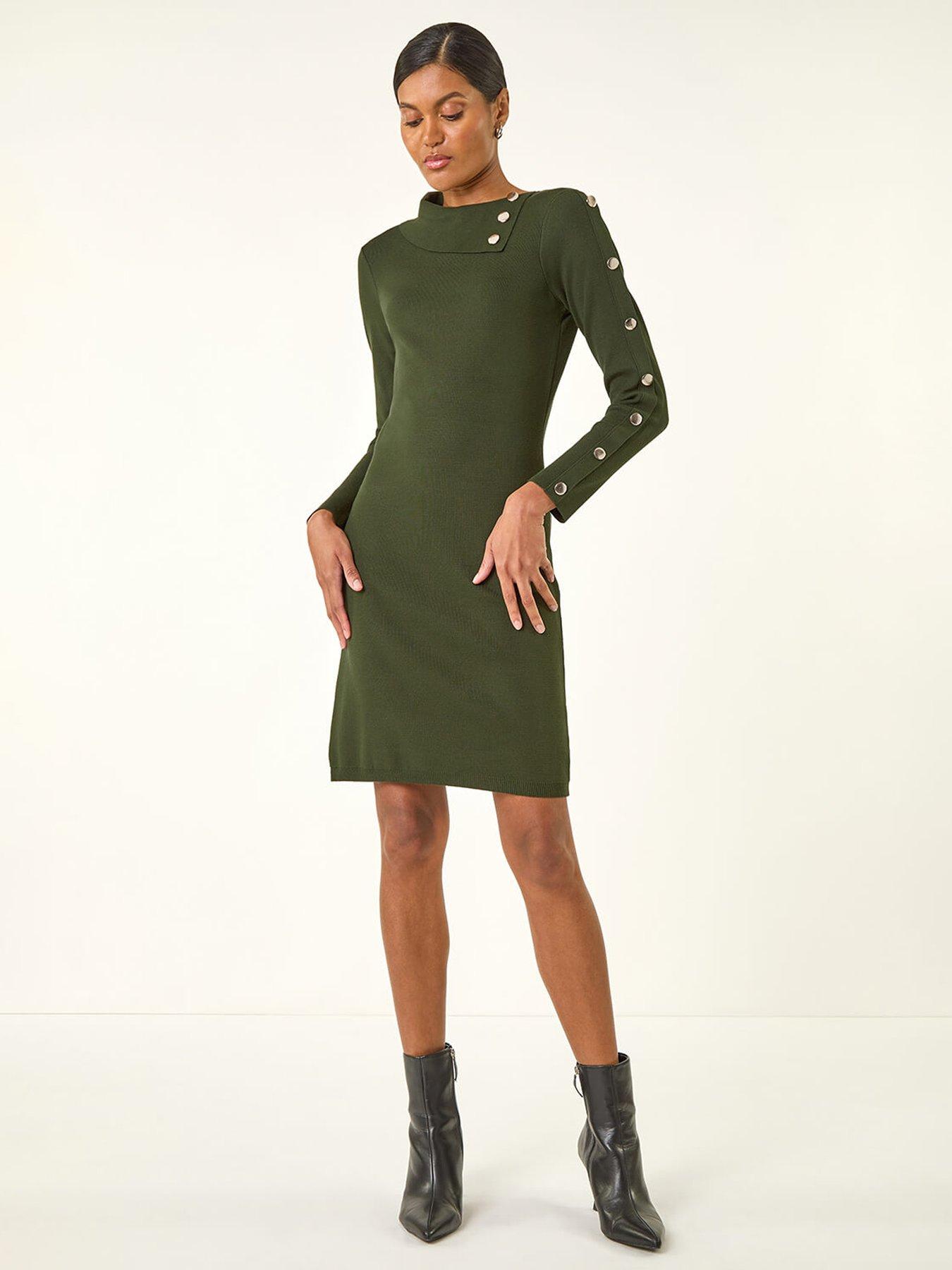 undefined Button Detail Roll Neck Jumper Dress - Green