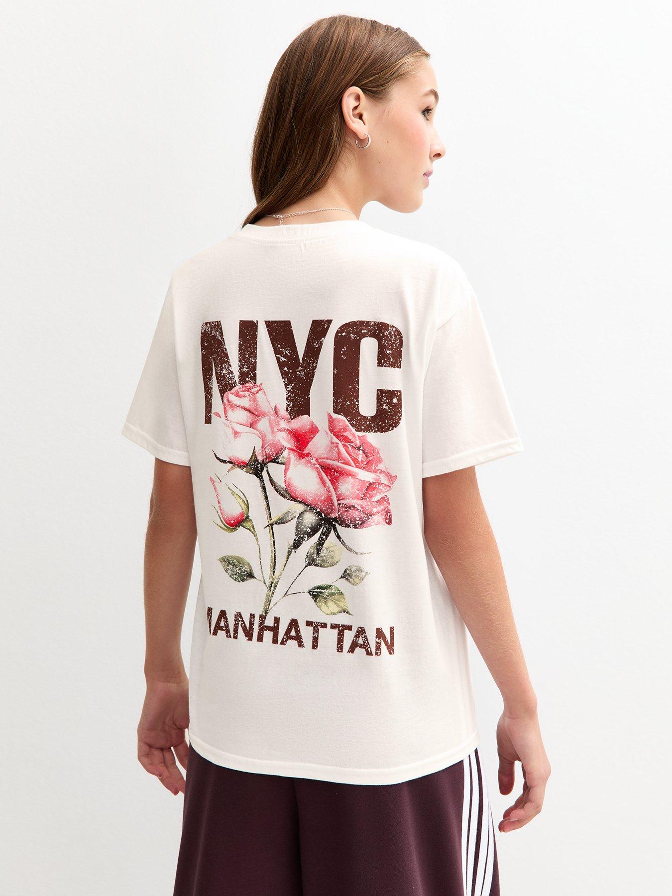 undefined Girls White Distressed Effect NYC Rose Print Longline T-Shirt - White
