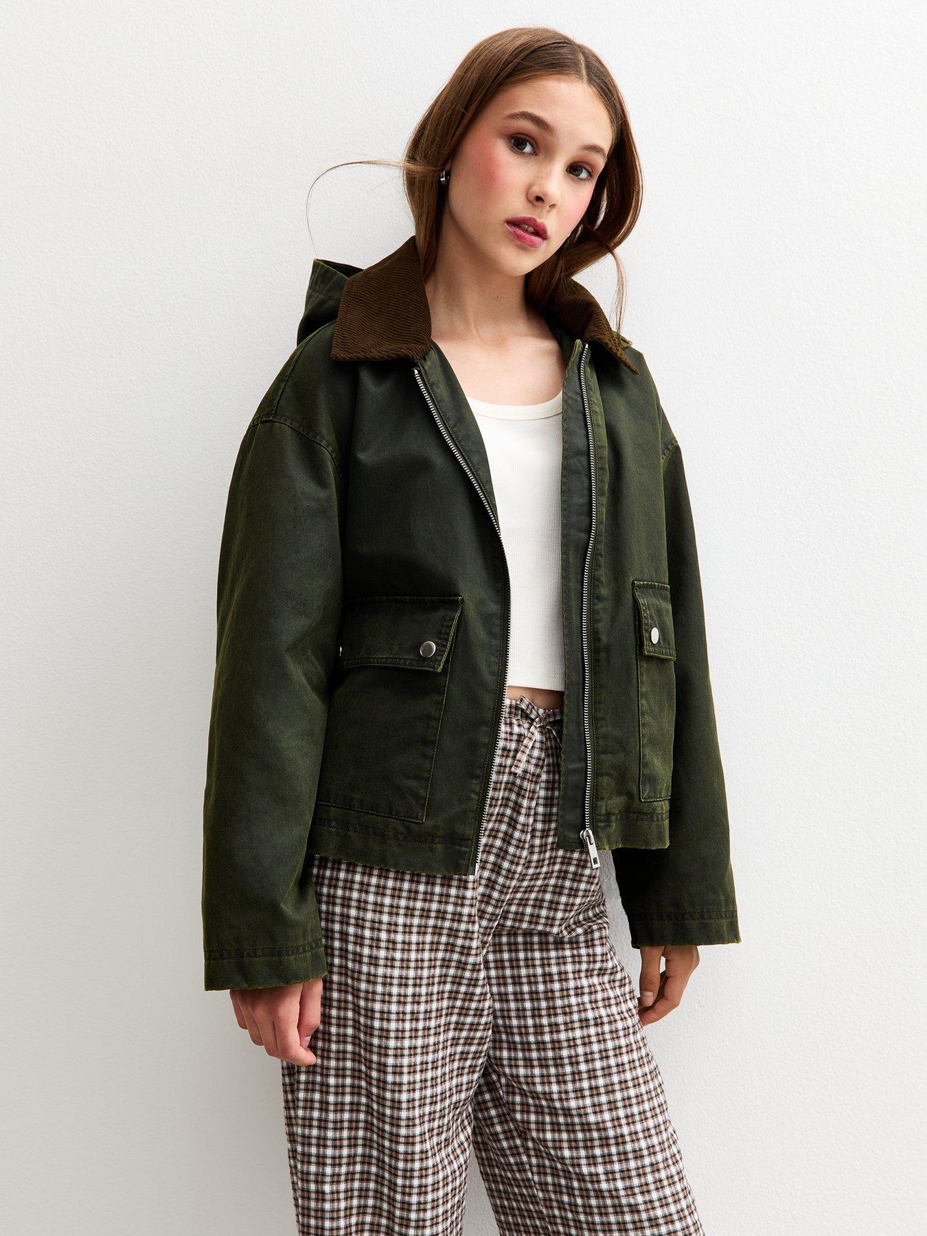 undefined Girls Dark Khaki Coated Hooded Jacket - Dark Khaki
