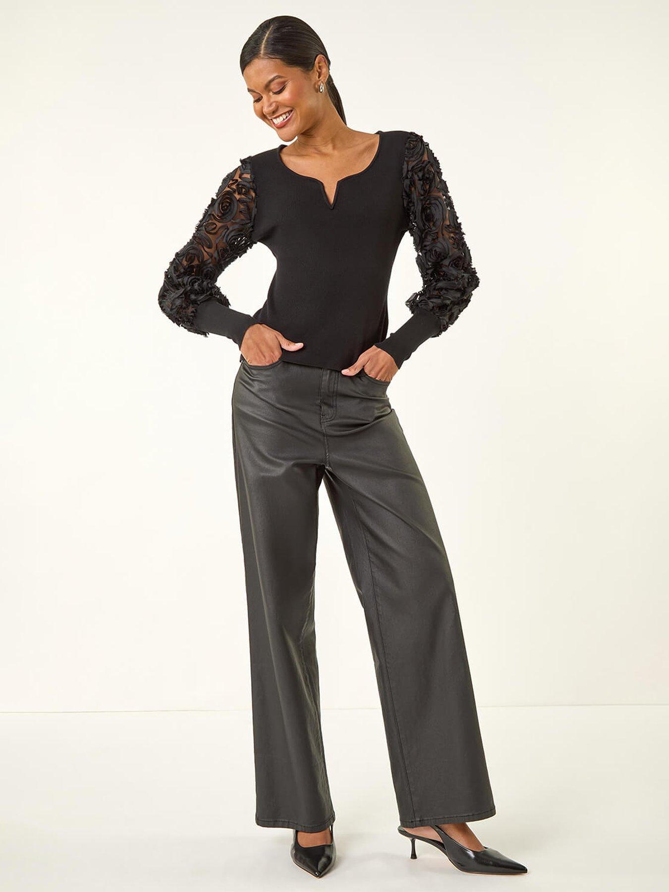Image 3 of 5 of Roman Lace V-neck Knit Top - Black