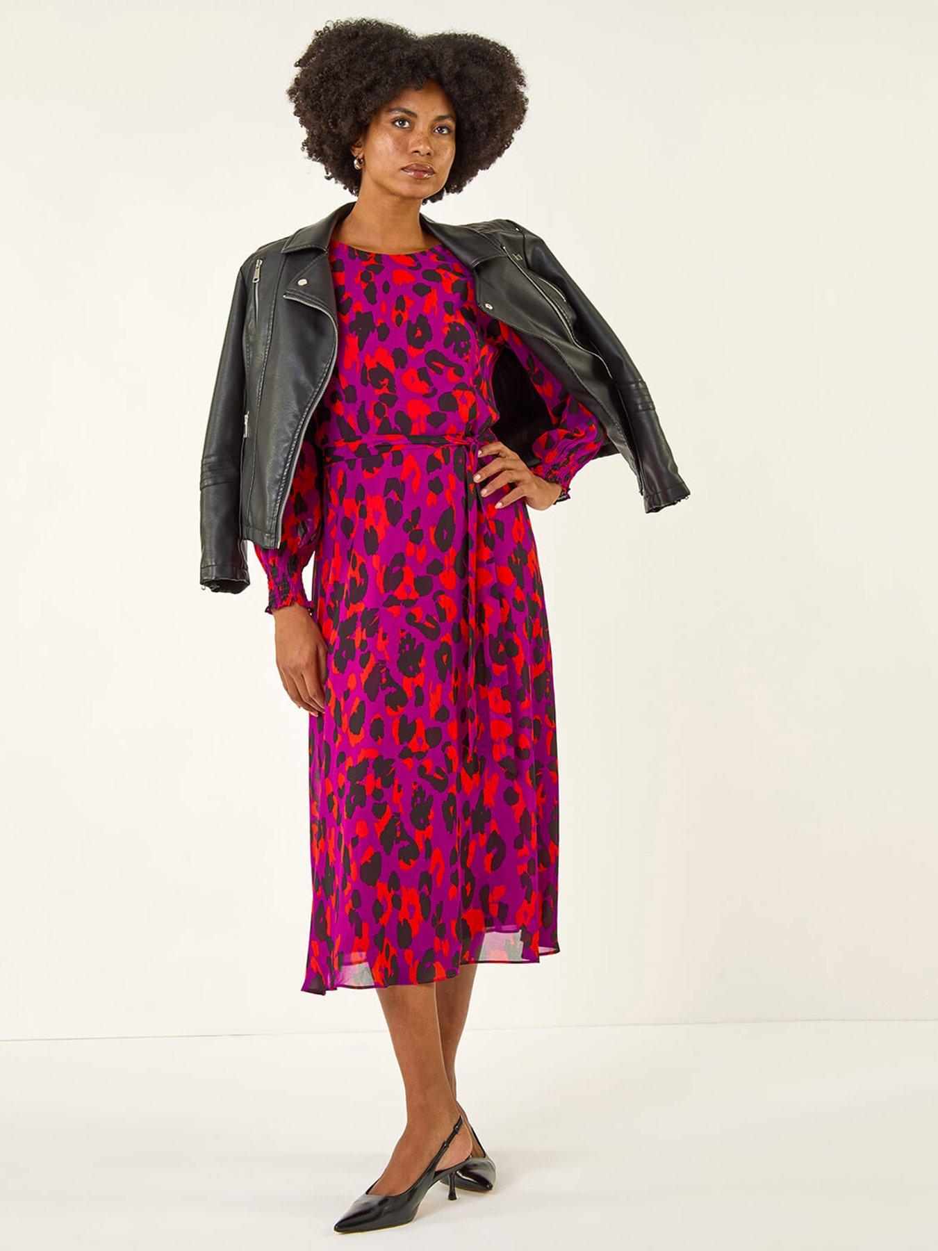Roman Animal Print Shirred Midi Dress - Pink
